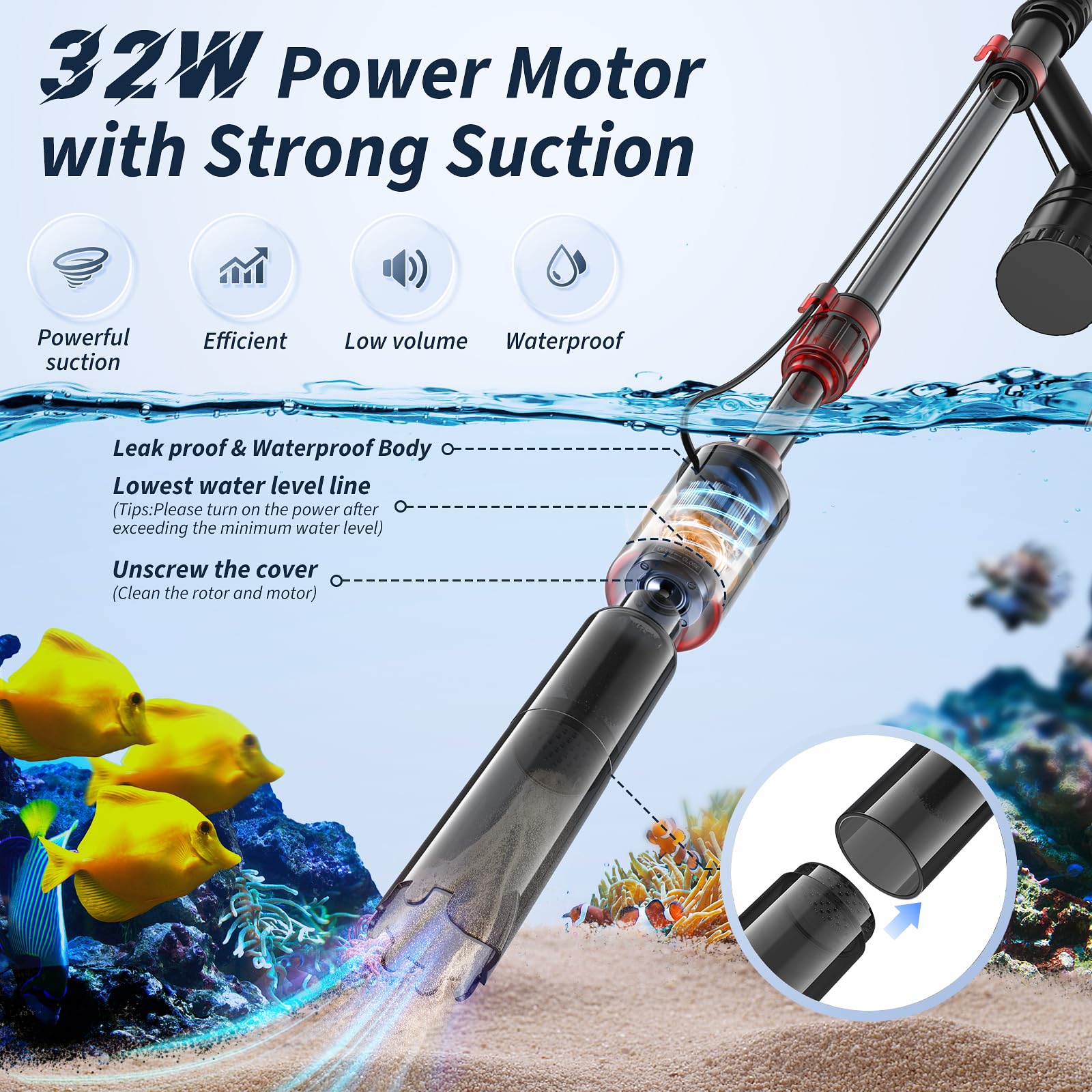 Mildhug Nettoyeur de gravier électrique pour aquarium - Outils de nettoyage électriques pour aquarium - Débit d'eau réglable