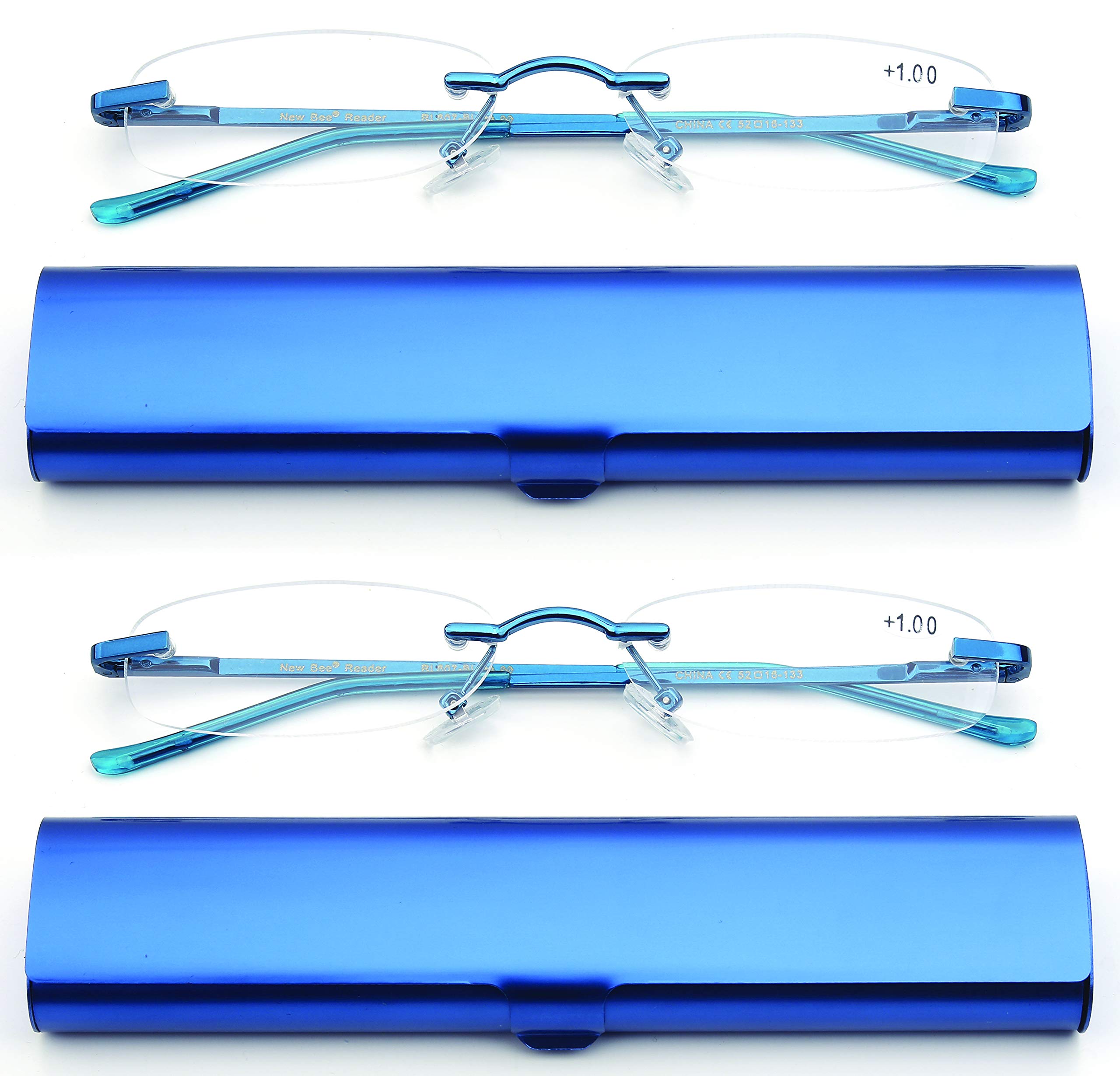 Newbee Fashion 2 Pack Compact Reading Glasses On The Go Slim Reading Glasses in Tube Reader Frameless Super Light Weight Reading Glasses Rimless in Aluminum Case Women Reading Glasses Blue 1.25