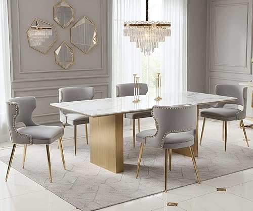 Miniatura 31 de Juego de 4 sillas de comedor de terciopelo beige con patas doradas, juego de 4 sillas de comedor modernas de mediados de siglo con respaldo de