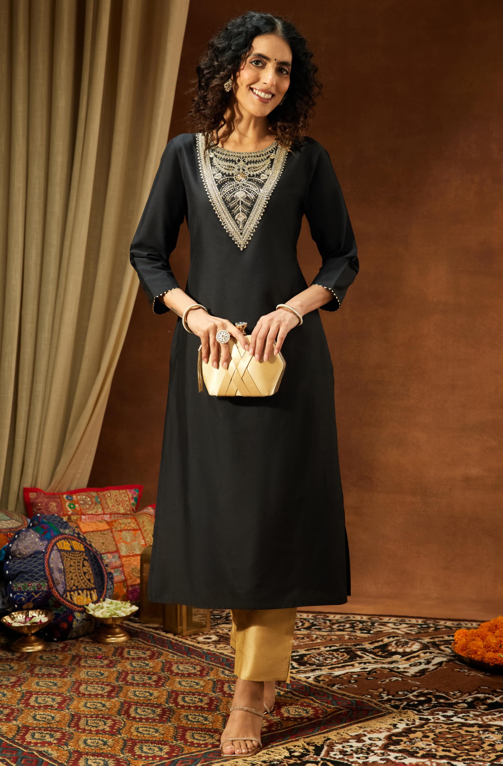 Janasya Women's Black Chanderi Silk Yoke Embroidered Straight Kurta product image 2