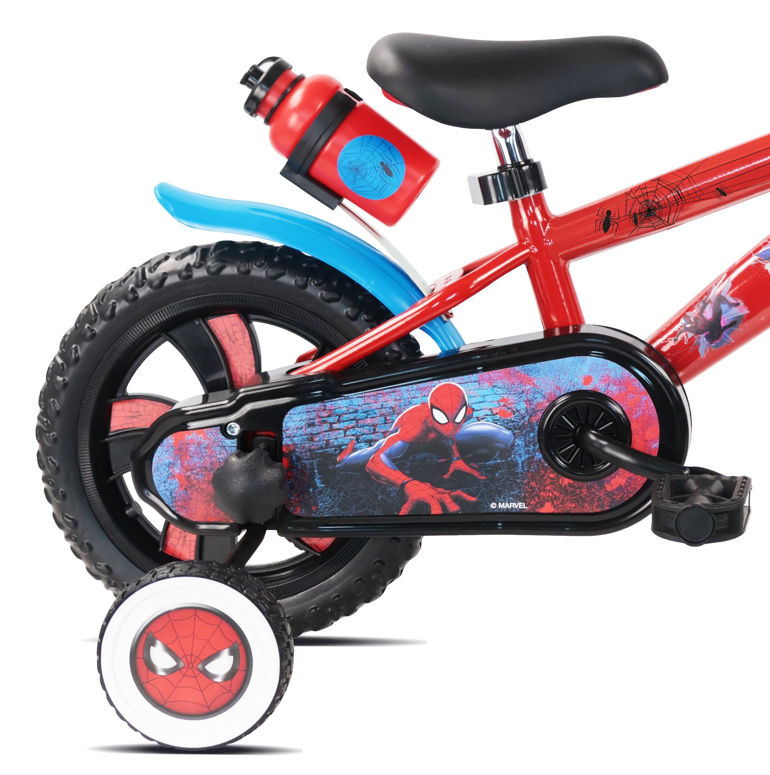 Vélo 12" Spiderman de Marvel/Disney - 1 Frein - Pignon Fixe - Pneus Increvables EVA - Roues Bâtons - Plaque - 2 Stabilisateurs - Garde Boue - Carter de Protection - Bidon arrière