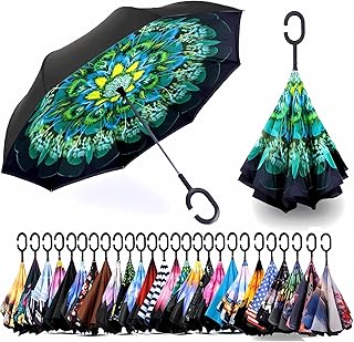 49/56 Inch Inverted Reverse Upside Down Umbrella, Extra Large Double Canopy Vented Windproof Waterproof Stick Golf Umbrellas with C-shape Handle.