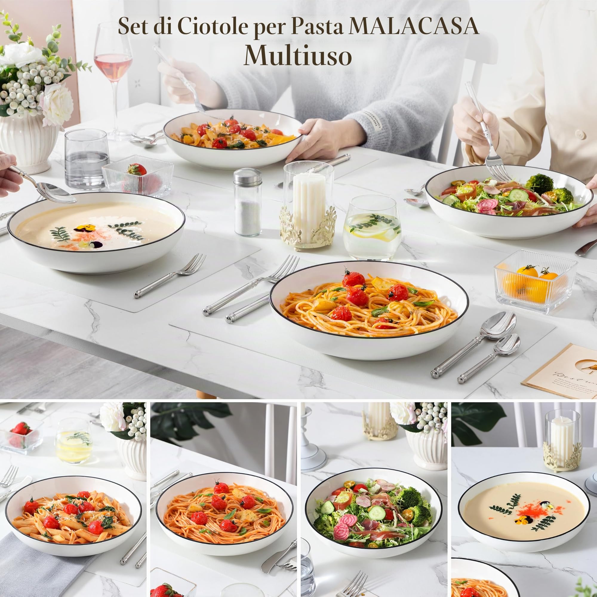 MALACASA Serie REGULAR 1680ml Piatti da Pasta in Porcellana, Piatti da Zuppa, Set di 4 Ciotole per Insalata, Bianco con Bordo Nero