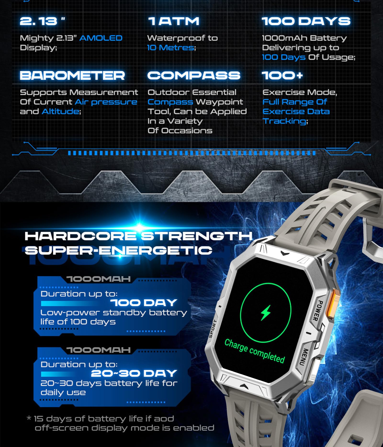 Smartwatch Herren Militär Uhr 100 Tage Akkulaufzeit Sportuhren Herren mit Kompass Höhenmesser Barometer IP68 Wasserdicht Fitnessuhr Pulsmesser Blutdruck 2,13" AMOLED Display Smart Watch Android iOS