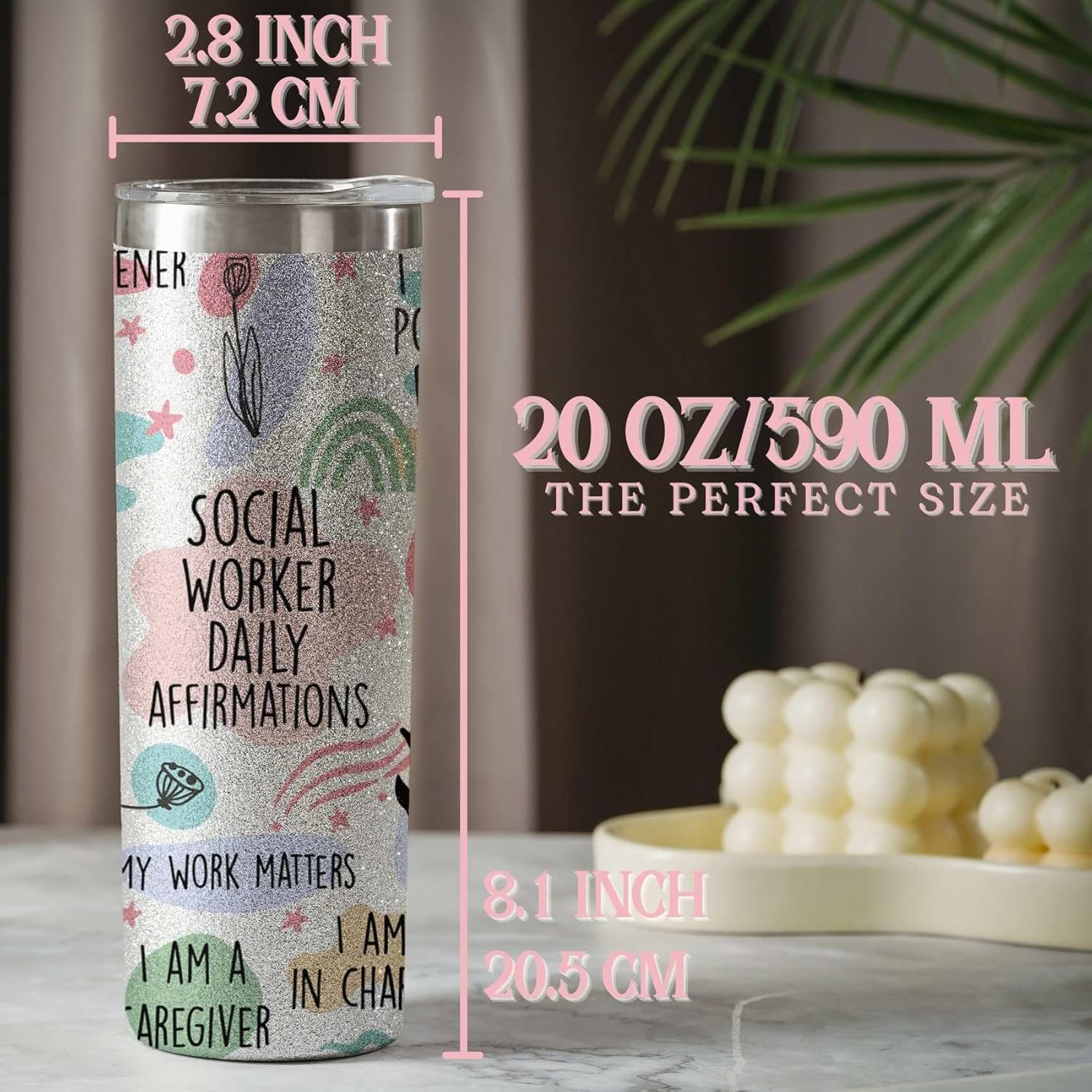 Onebttl Social Worker Gifts For Women - Social Worker - 20oz/590ml Stainless Steel Insulated Glitter Tumbler with Straw - Social Work Month, Appreciation, Graduation Gifts for BSW, MSW, DSW - (Silver) - Image 3