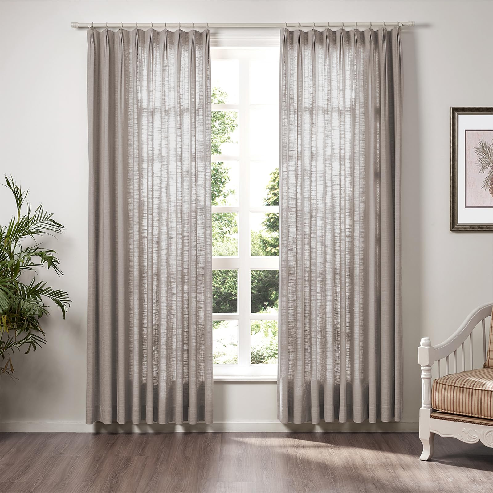 TWOPAGES 84 W x 96 L Triple Tailor Pleated Curtain, Privacy Protection Polyester Linen Unlined Window Curtain, Light Filtering Drape for Bedroom
