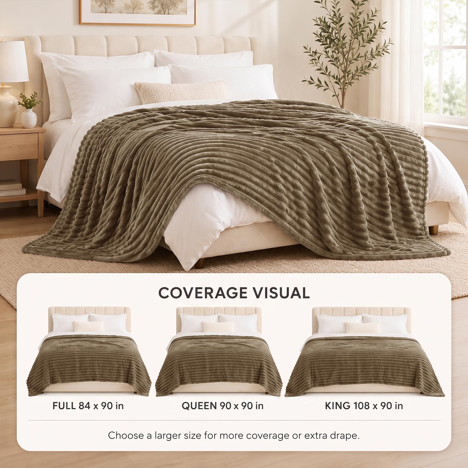 HIMEET Camel King Size Blanket for Bed, 300GSM Ribbed Fleece, 108 x 90 in view 3