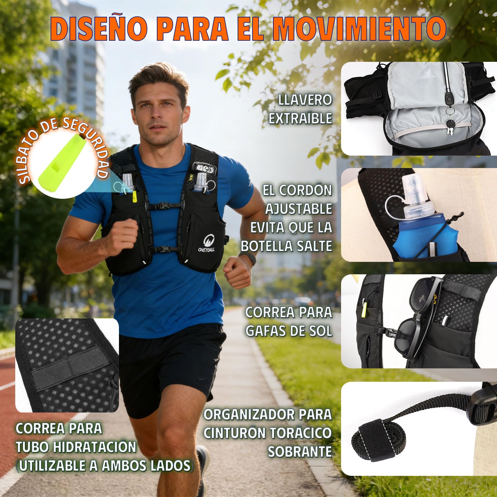 Chaleco Running Hombre Mujer con 2 Botella 500ml y Luz LED Recargable, Chaleco Hidratacion Trail Running, Mochila Hidratacion Running Vest Mochila Running para Correr Senderismo Montaña