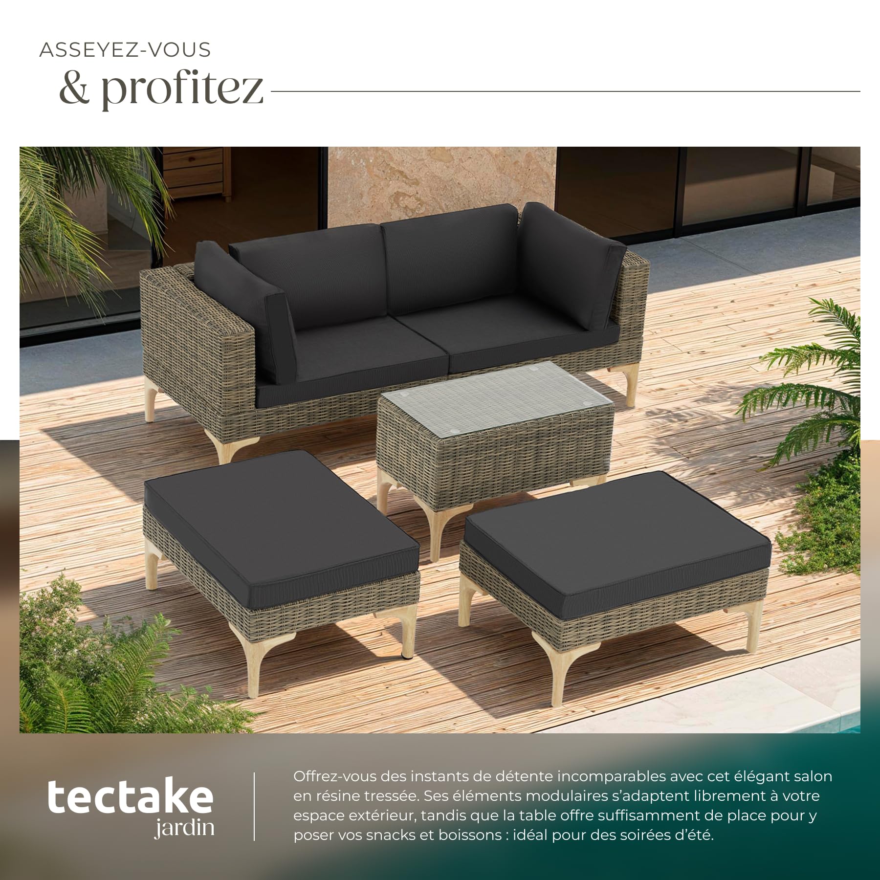 tectake® Ensemble Salon de Jardin Exterieur en Poly Rotin et Aluminium Modulable Bain de Soleil 4 Places 1 Canapé 2 Tabouret Pouf et 1 Table de Jardin, Mobilier de Jardin, Amenagement Balcon Terrasse