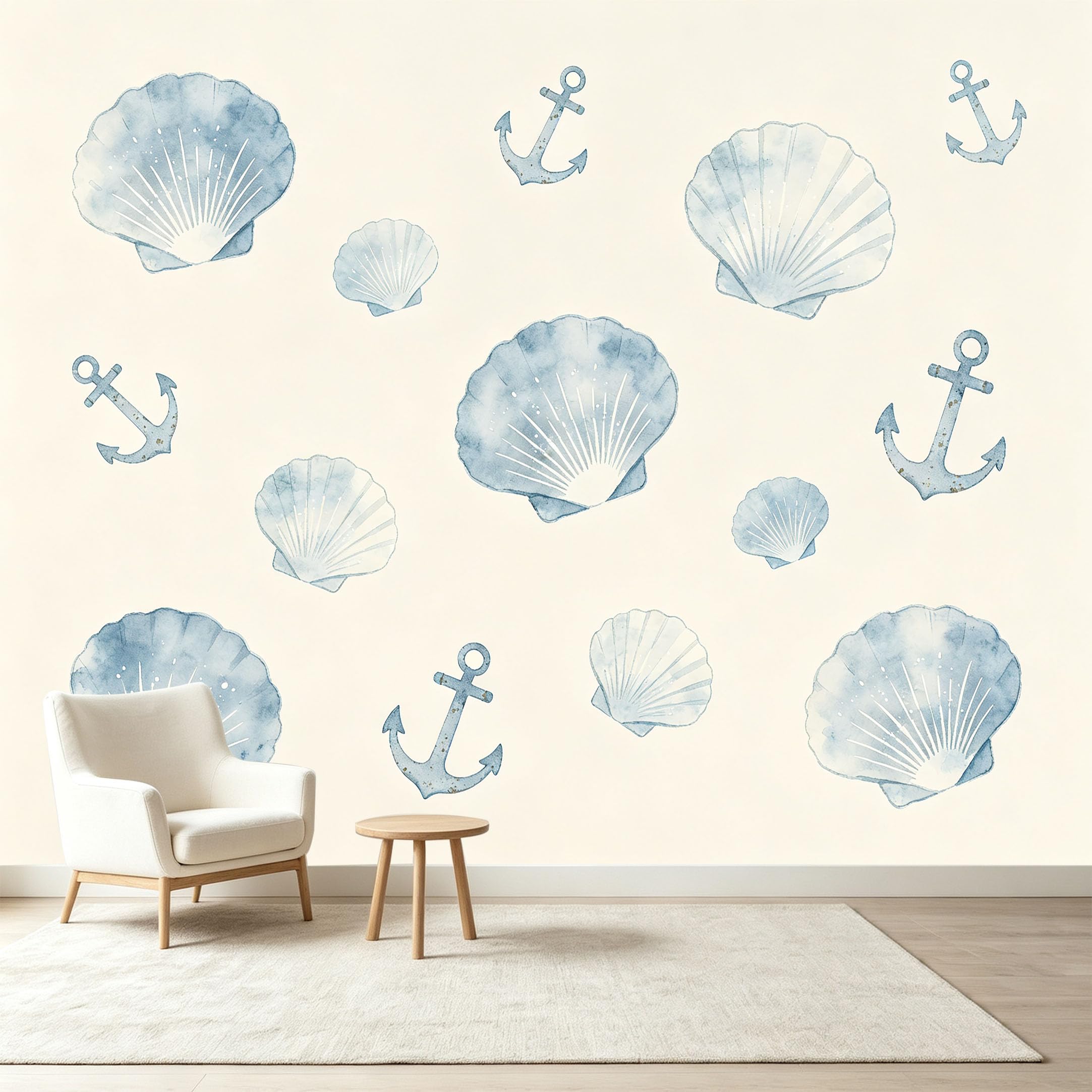 Custom Size Wall Murals Watercolor Nautical Sea Elements Anchor Marine Theme Self-Adhesive Wall Fabric Removable Wallpaper Wall Decor for Living Room Bedroom Bathroom