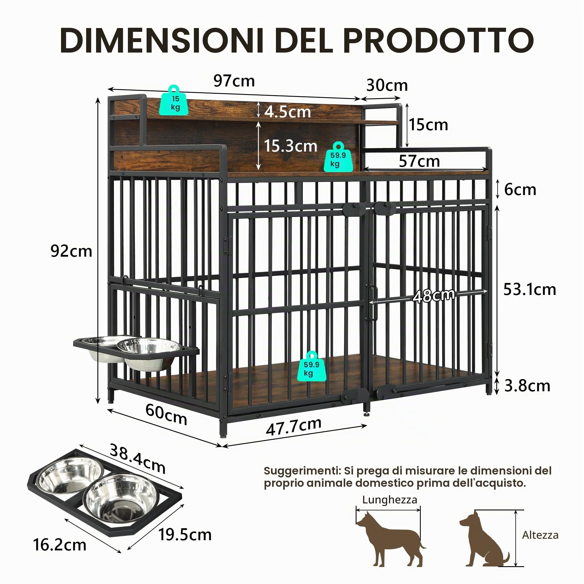 FEONASE Grande gabbia per cani con contenitore, mobile per cani con mangiatoia rialzata regolabile a 360°, resistente, in acciaio e impermeabile, marrone
