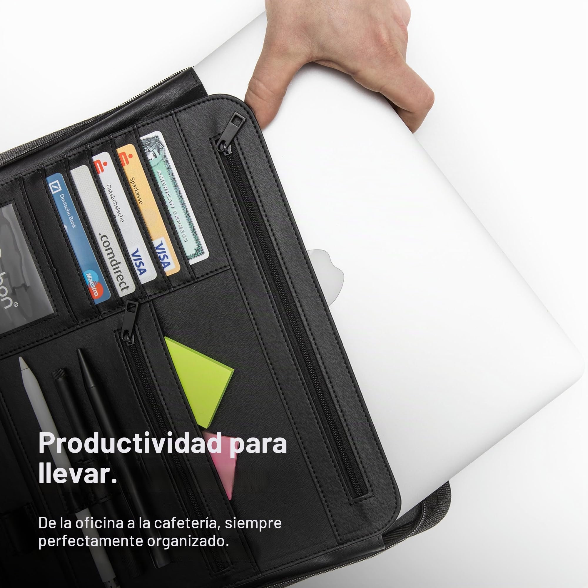 Vebon® Carpeta A4 grande New York I Piel Vegana con cremallera + portapapeles I Carpeta Conferencia + Bolsa para portátil I Espacio extra I Azul