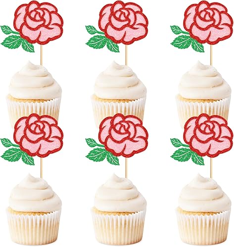 Miniatura 1 de Keaziu 24 piezas de rosas para cupcakes, rosas rosas rosas y verdes, diseño de doble capa para boda, aniversario, día de la madre, día de San