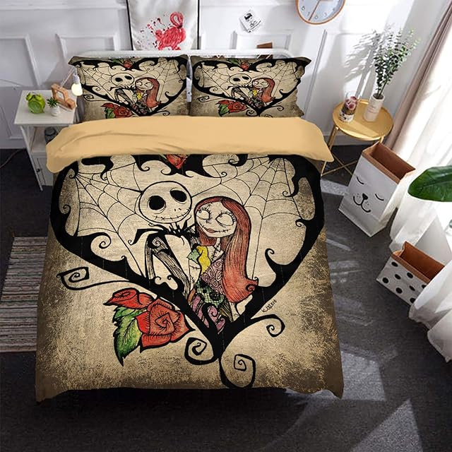 Skull Duvet Cover Set Nightmare Before Christmas Duvet Cover with Zipper Closure, Christmas Bedding Quilt Cover with 2 Pillow Cases, Soft Microfiber Halloween Bedding Doubie Size 200X200cm