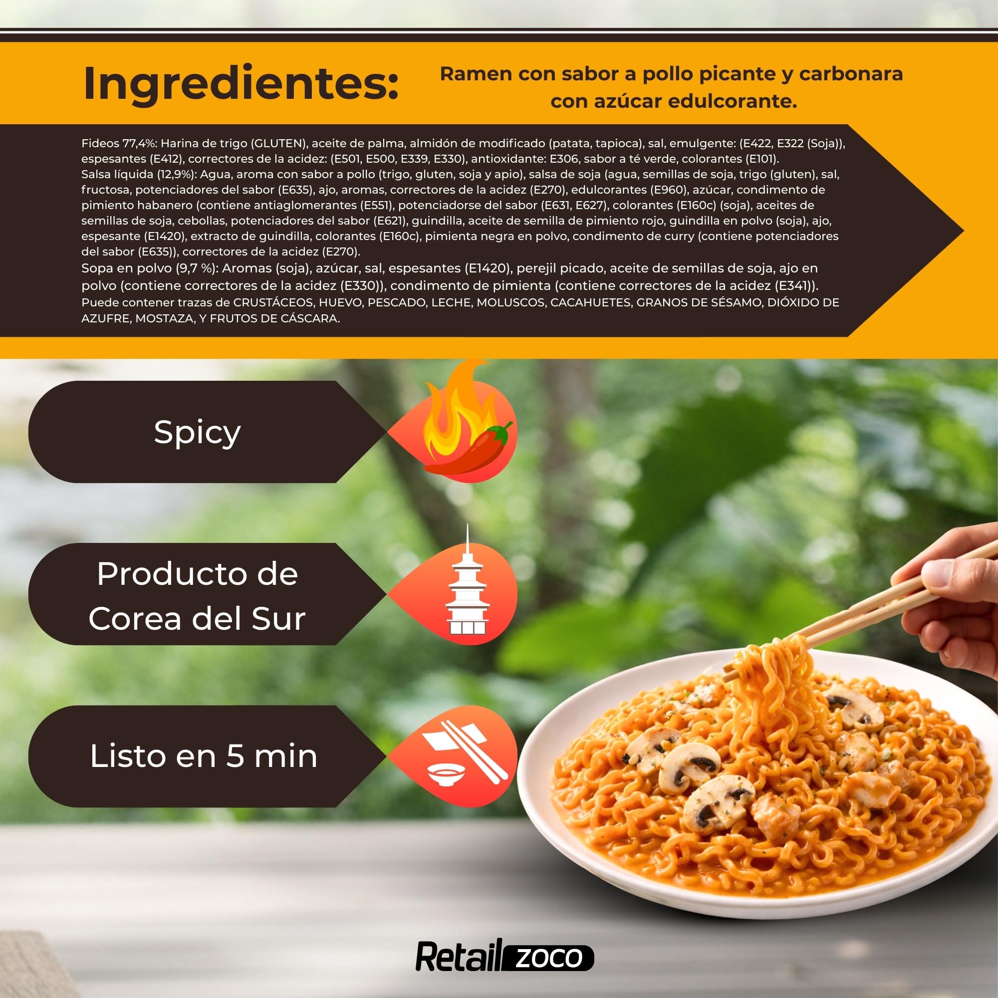 Ramen con fideos salteados con pollo picante Samyang Buldak, Hot Chicken Ramen Carbonara, Hot chicken ramen instantáneo muy rico y picante, Sabor a carbonara, Pack 5 paquetes de 130g cada uno