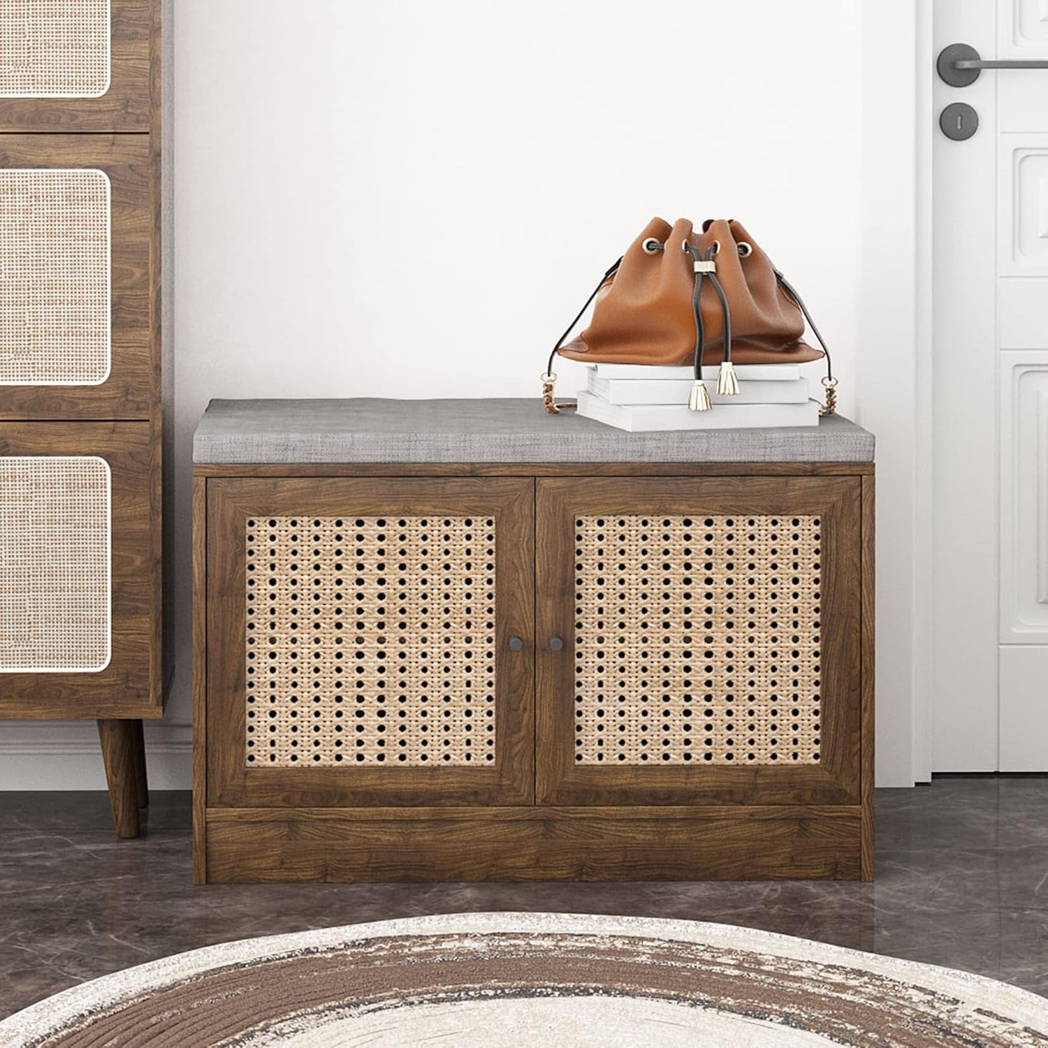 wirrytor Natural Rattan Shoe Storage Bench, Shoe Entryway