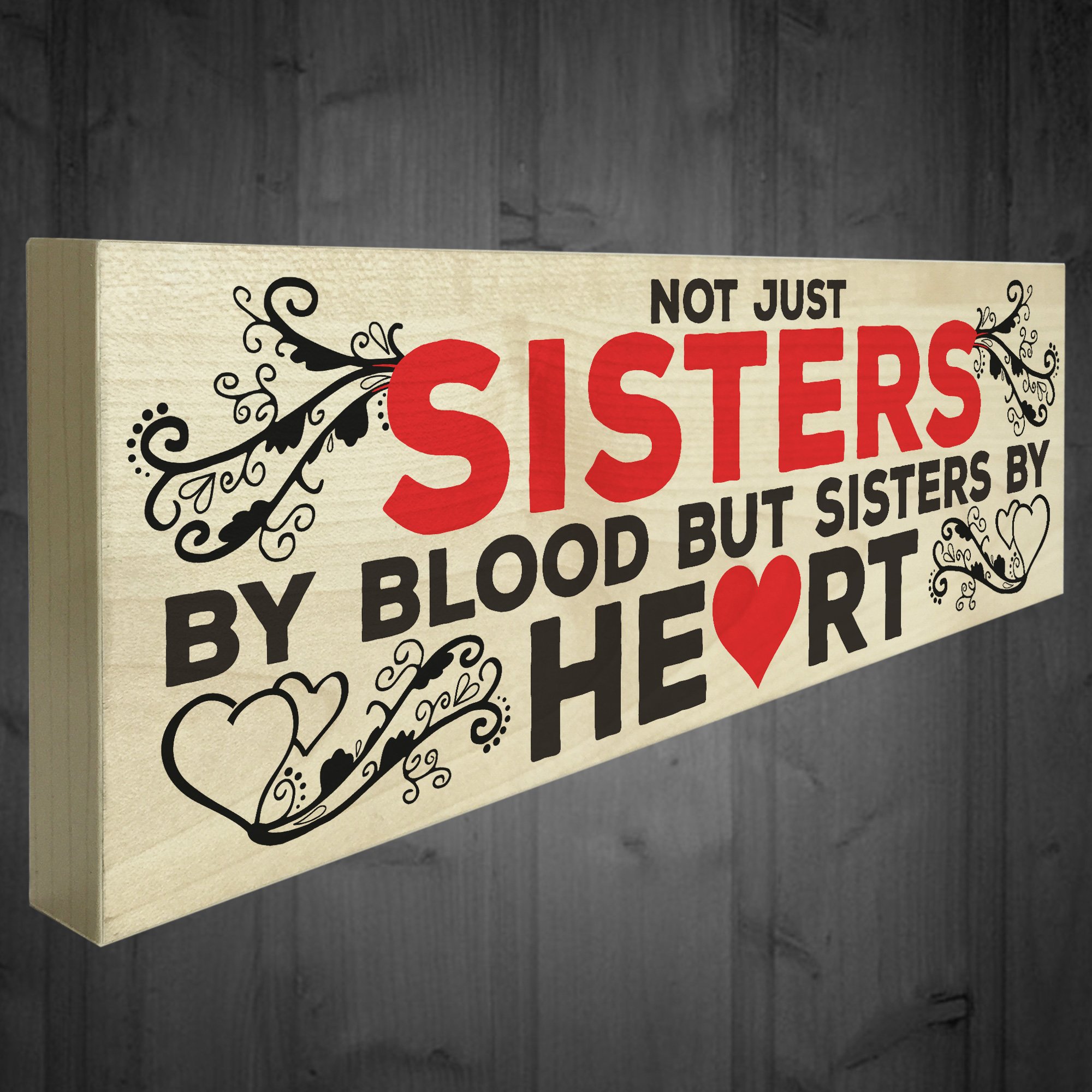 Red Ocean Sisters By Heart Wooden Freestanding Plaque Best Friends Gift Friendship Sign
