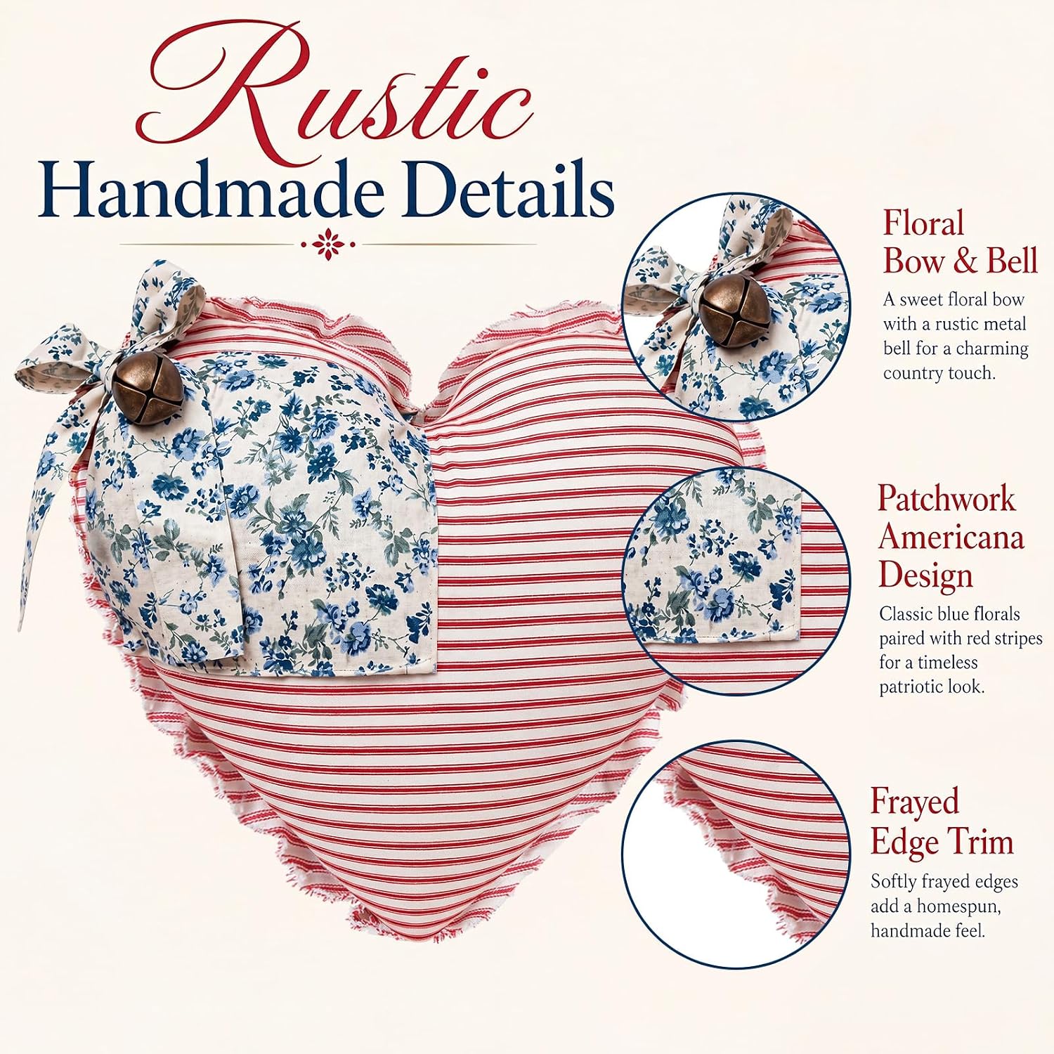 Threehoney 4th of July Patriotic Heart Shaped Pillow 250th Anniversary Decor Vintage Red White Blue Striped Floral Throw Pillow Decorative Rustic Independence Day Decor for Home Farmhouse Porch Sofa