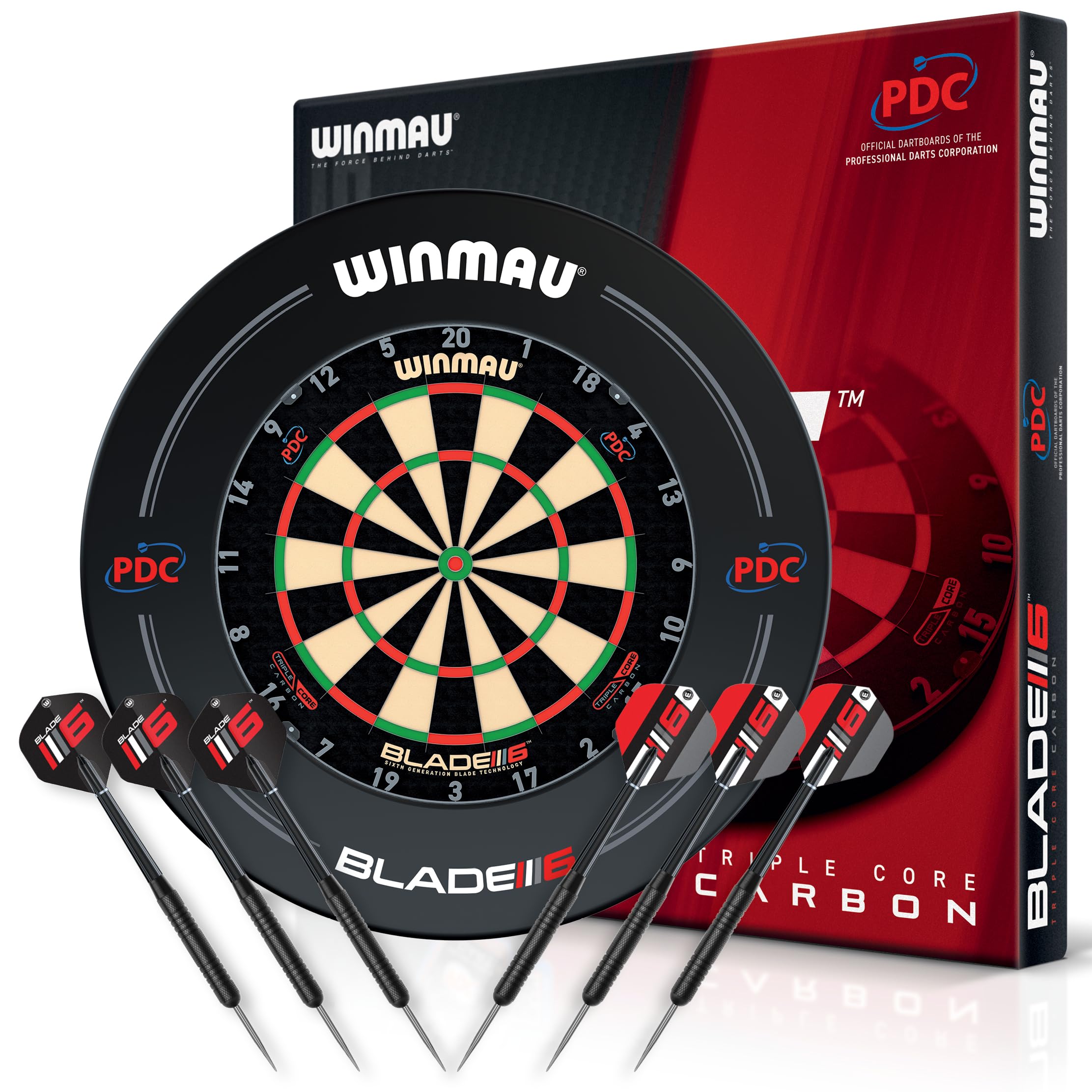 WINMAU Set di freccette Triple Core – Bersaglio professionale Winmau con bordo PDC, 2 set di freccette in acciaio, sistema Rota-Lock, bersaglio con sisal, ideale per tornei e allenamenti.