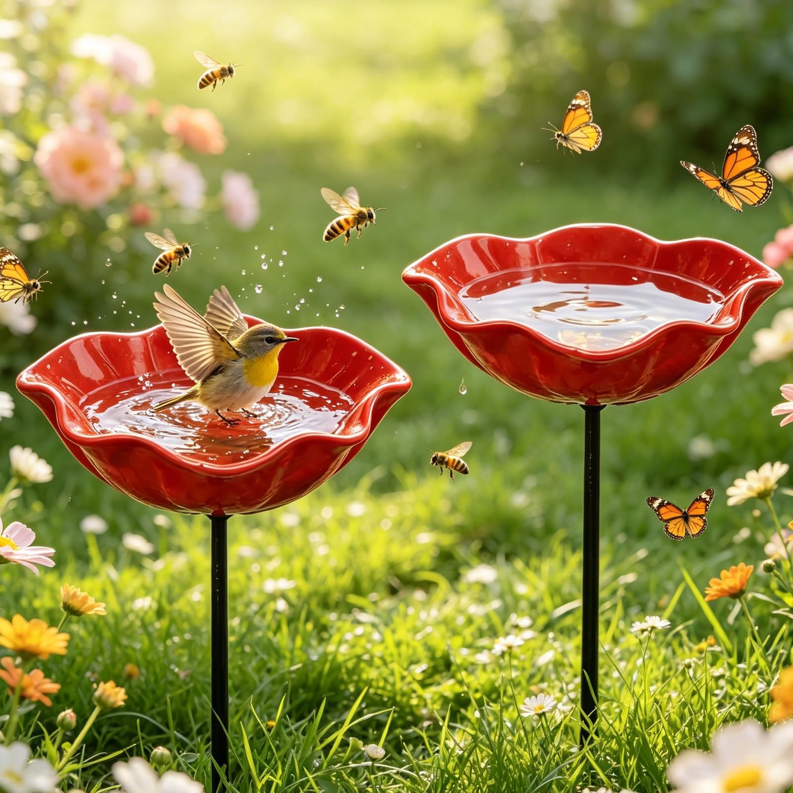 Bird Bath - Handmade Metal Flower Garden Stake Bird Feeder, Metal Flowers for Garden, Bee Garden Decor, Bird Bath Watering Station Drinking Cups, Colorful Outdoor Decor for Yard, Lawn & Patio（2pcs）