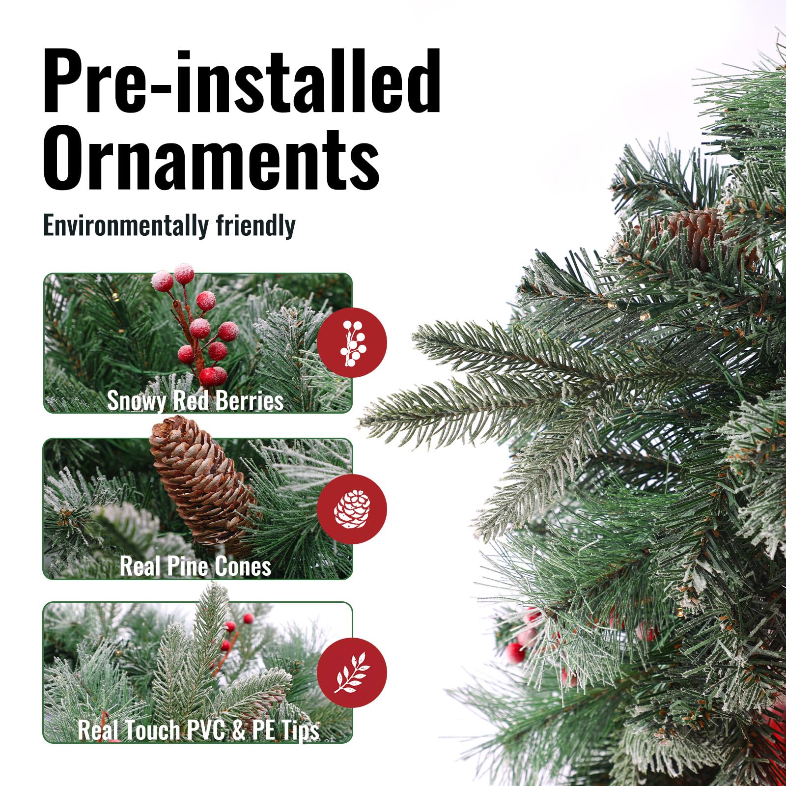 OasisCraft Ghirlanda di Natale pre-illuminata da 2,7 m con pinoli e mazzi di bacche, ghirlanda innevata in PVC e polietilene con 50 luci LED, funziona a batterie e timer per la