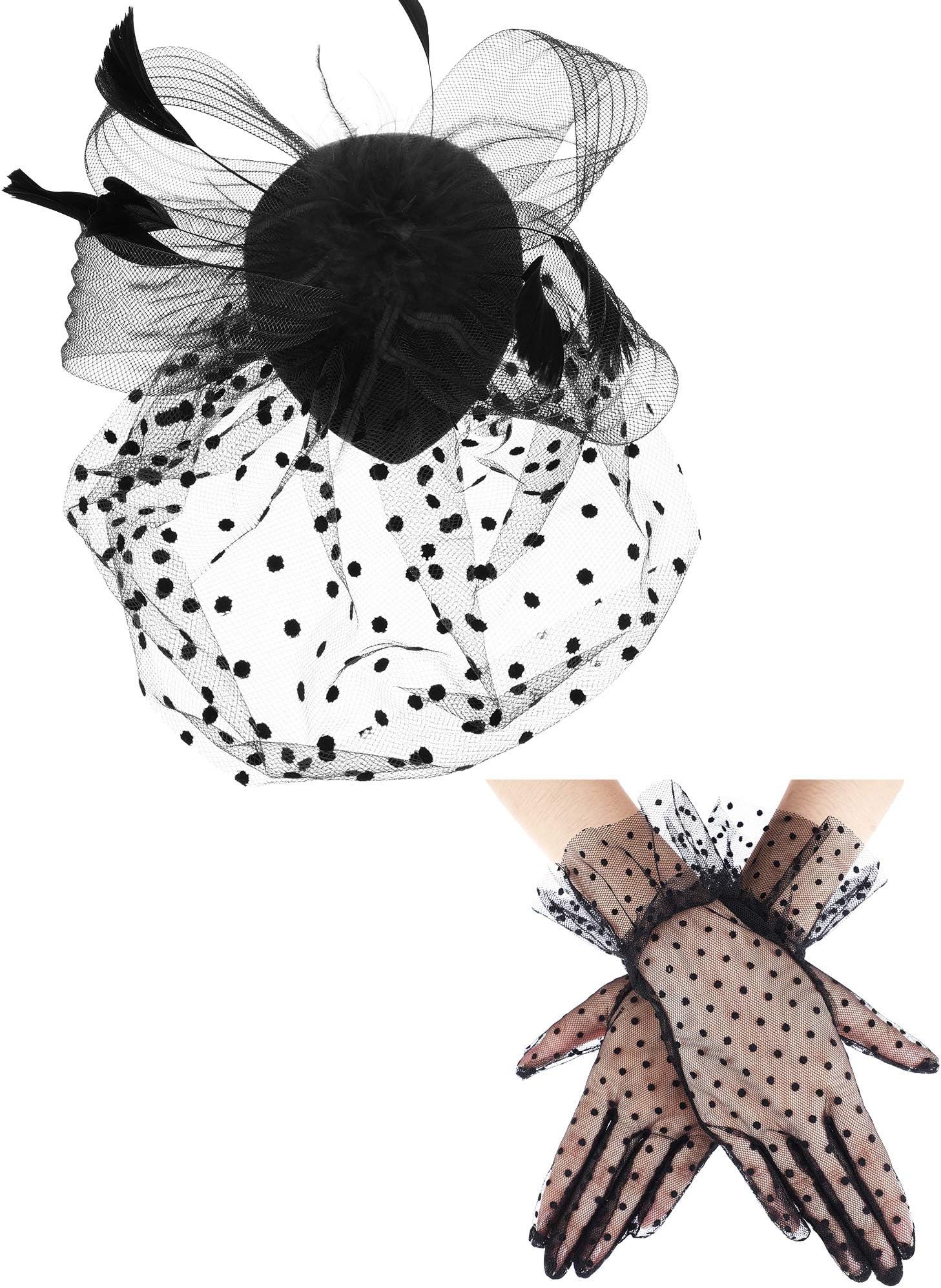 1950s Vintage Fascinator Hat Faux Feather Mesh Net Hat Cocktail Tea Party Headwear and Women Short Lace Gloves (Elegant Style) Black