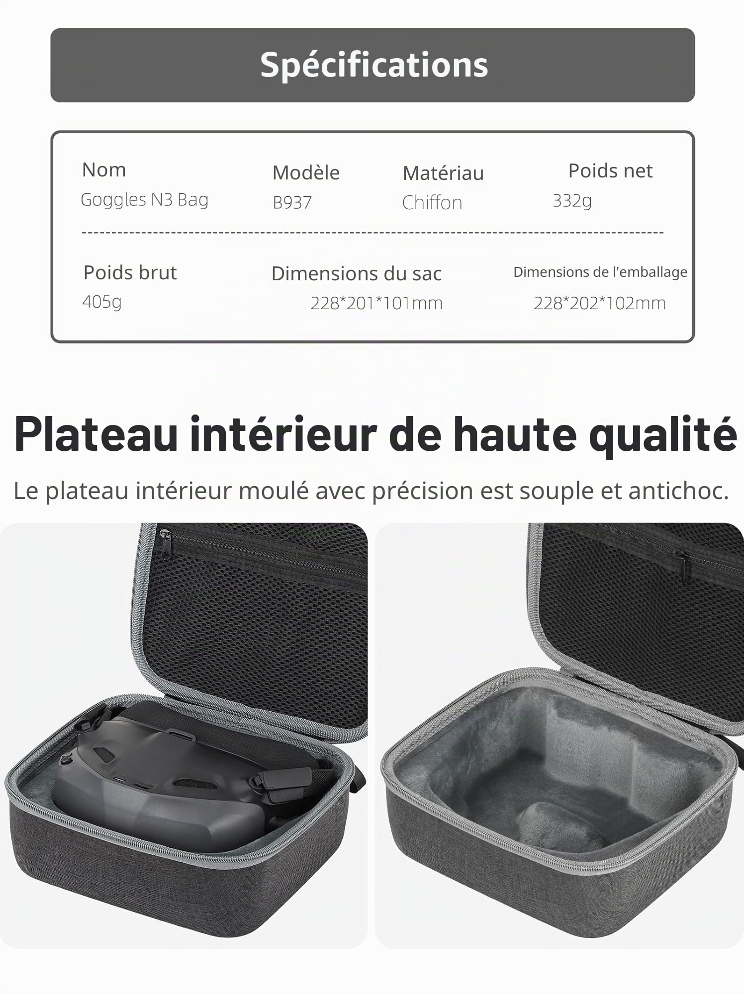 Étui de Transport Rigide pour DJI Goggles N3 Sac de Rangement Protecteur Absorbant Les Chocs Anti-Rayures Housse de Protection pour Accessoires de Drone
