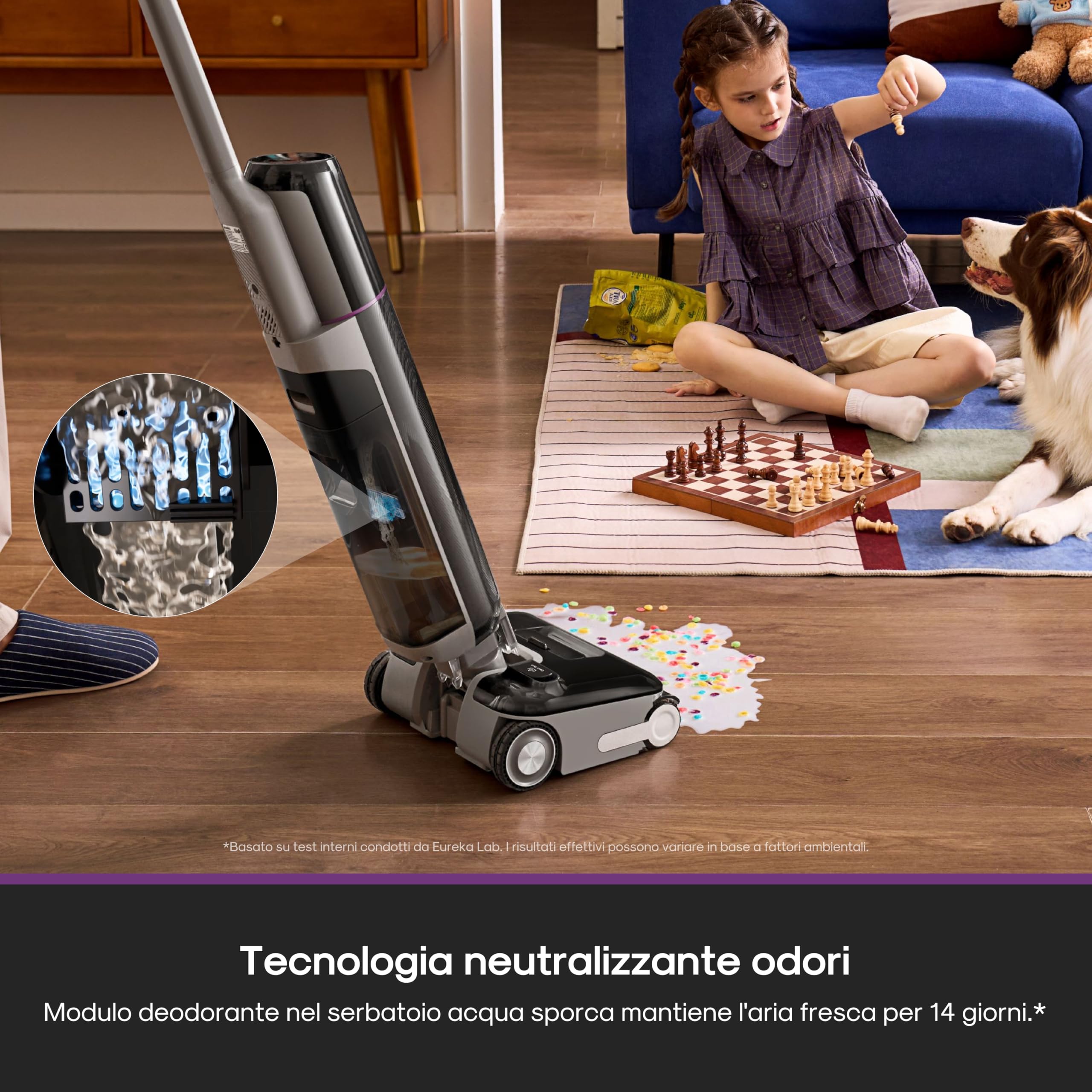 Eureka FloorShine 880 Aspirapolvere e Lavapavimenti Senza Filo, 24000Pa, Auto-Pulizia 100°C, Asciugatura 75°C, Autonomia 60min,Inclinazione 180°, Zero Bordi, Anti-Groviglio 3.0