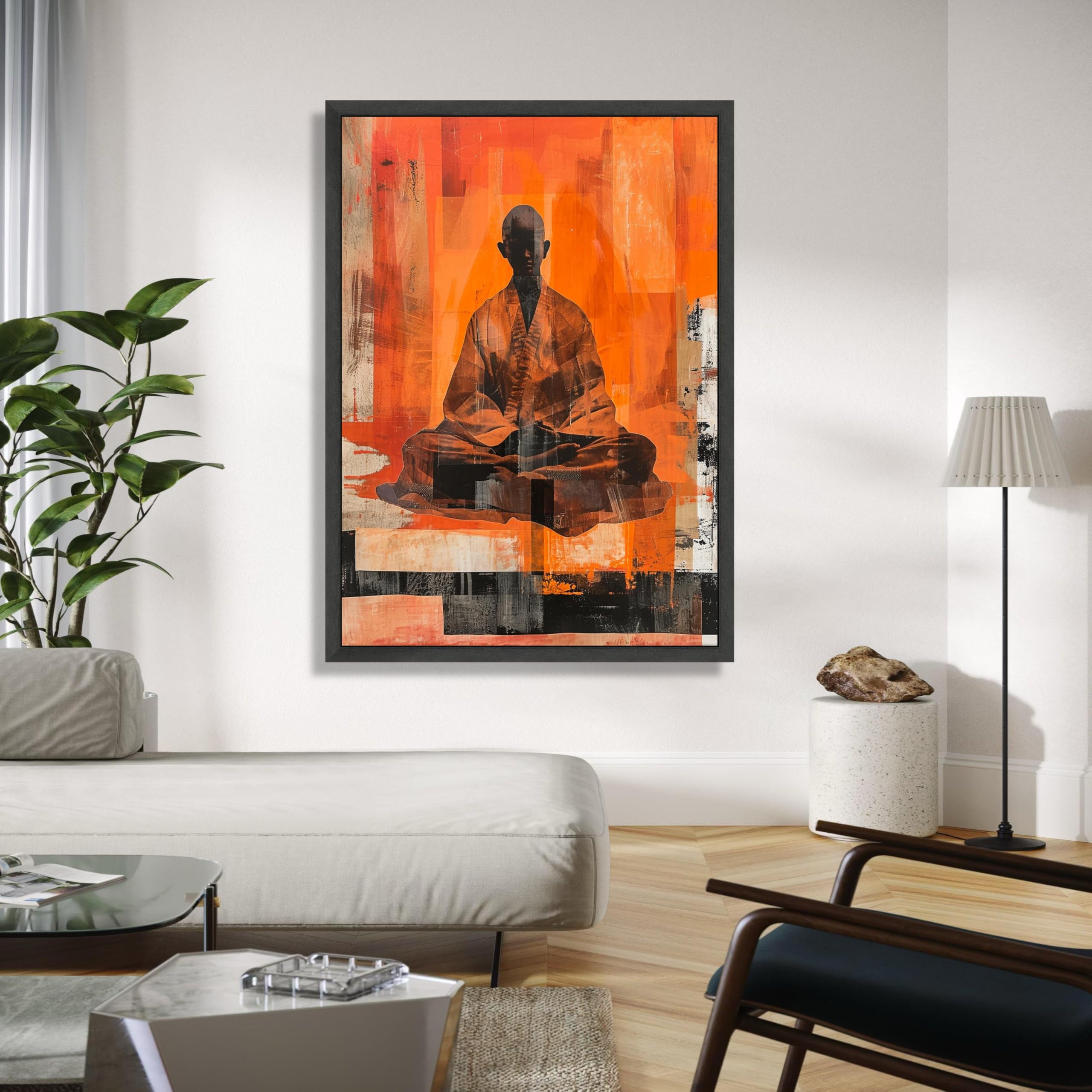 YUSUZHU Stampa su tela astratta raffigurante un monaco in meditazione, decorazione spirituale zen arancione, meditazione con silhouette tranquilla, decorazione per la casa (50x70 cm/cornice interna)