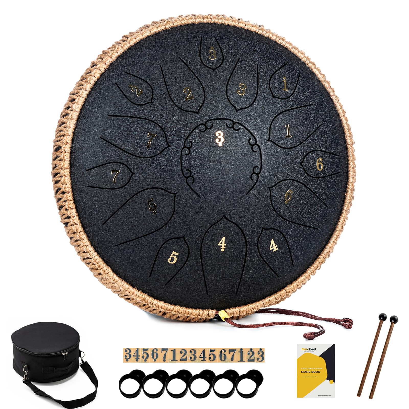 MeloBeat Tongue Drum Handpan - Tambour à Langue 12 Pouces 15 Notes - Ensemble Professionnel de Tambour a Langue en Acier en Ré Majeur Inclus Livre de Chansons de Tambour à Langue, D key (Noir)