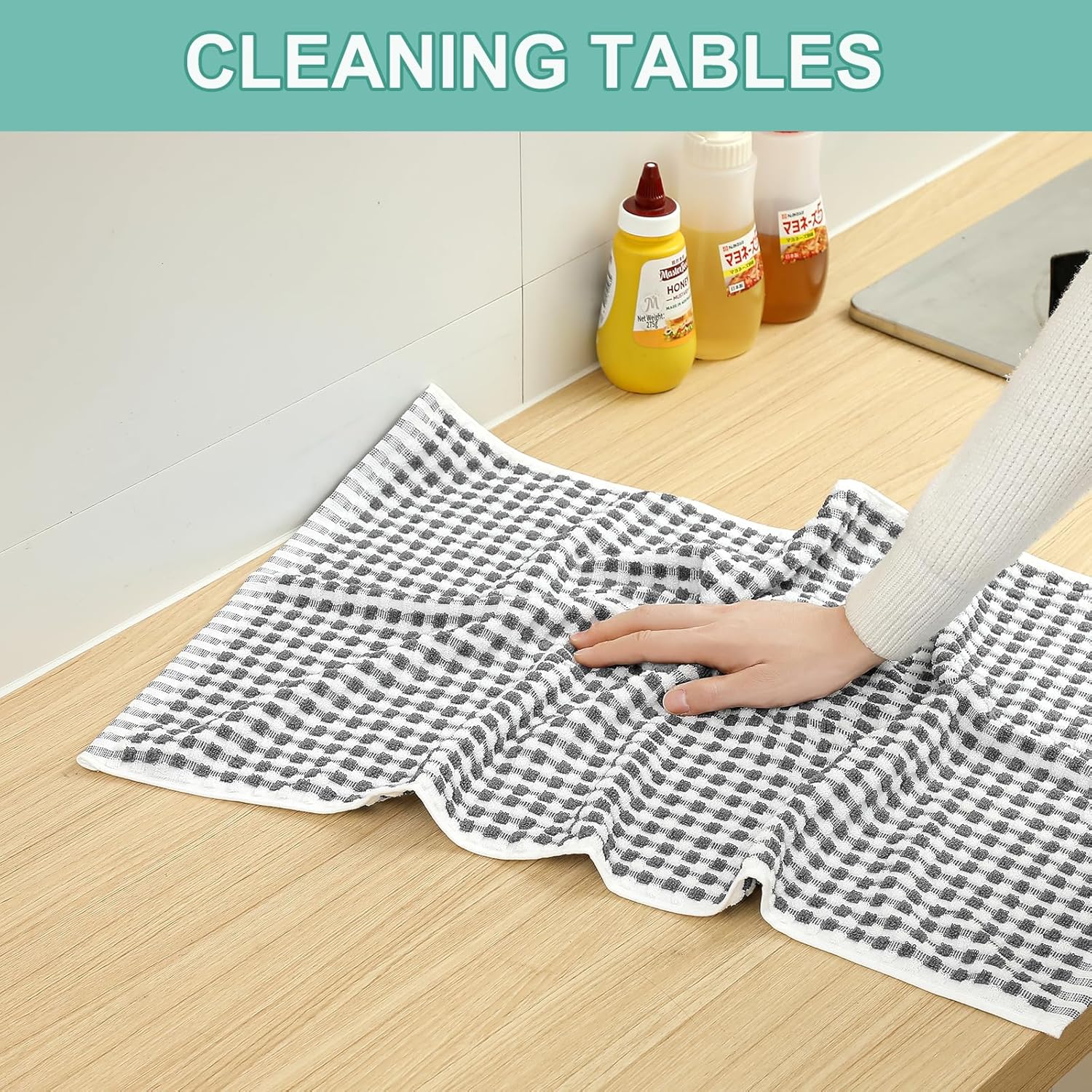 SALAS Cotton Dish Towels Cloths for Kitchen Drying Dishes, Lattice Terry Towels, Highly Absorbent Kitchen Cloths with Hanging Loop, 16‘’ x 26‘’, 4 Packs, Gray - Image 5