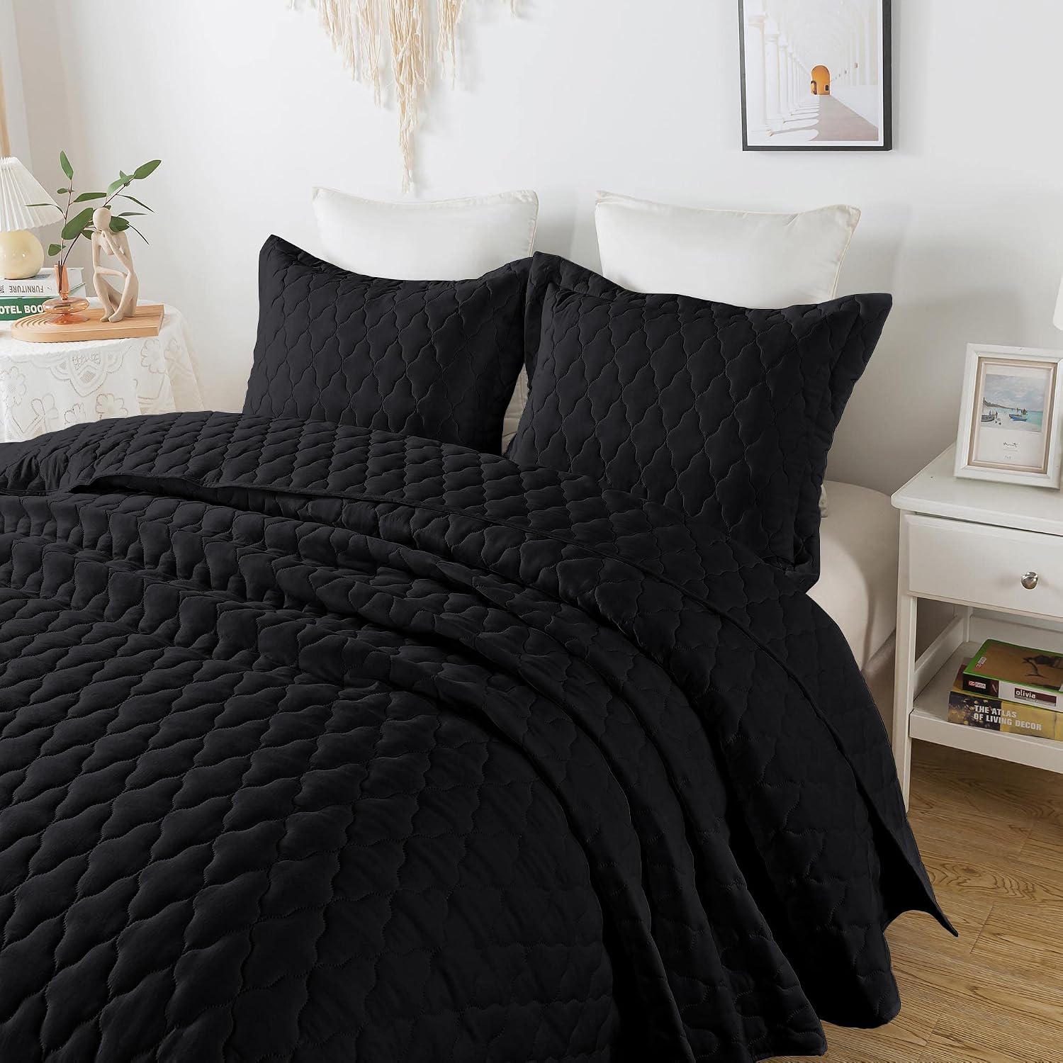 EDUJIN 3 Piece Queen Size Black Quilt Set with Pillow Sham,Bedspread Coverlet Set Bed Cover,All Season Soft Clouds Pattern Quilt Set (1 Quilt,2 Pillow Shams)