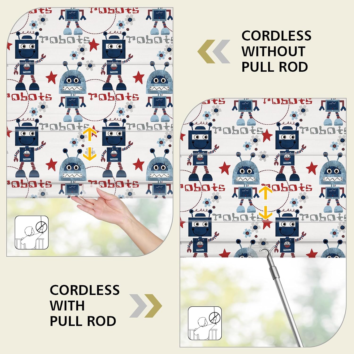 No Drill Blackout Roman Shades Blinds, No Tools Made to Order Kids Lined Window Shades Blinds for Windows, Doors, French Doors, Kitchen Windows, Robot