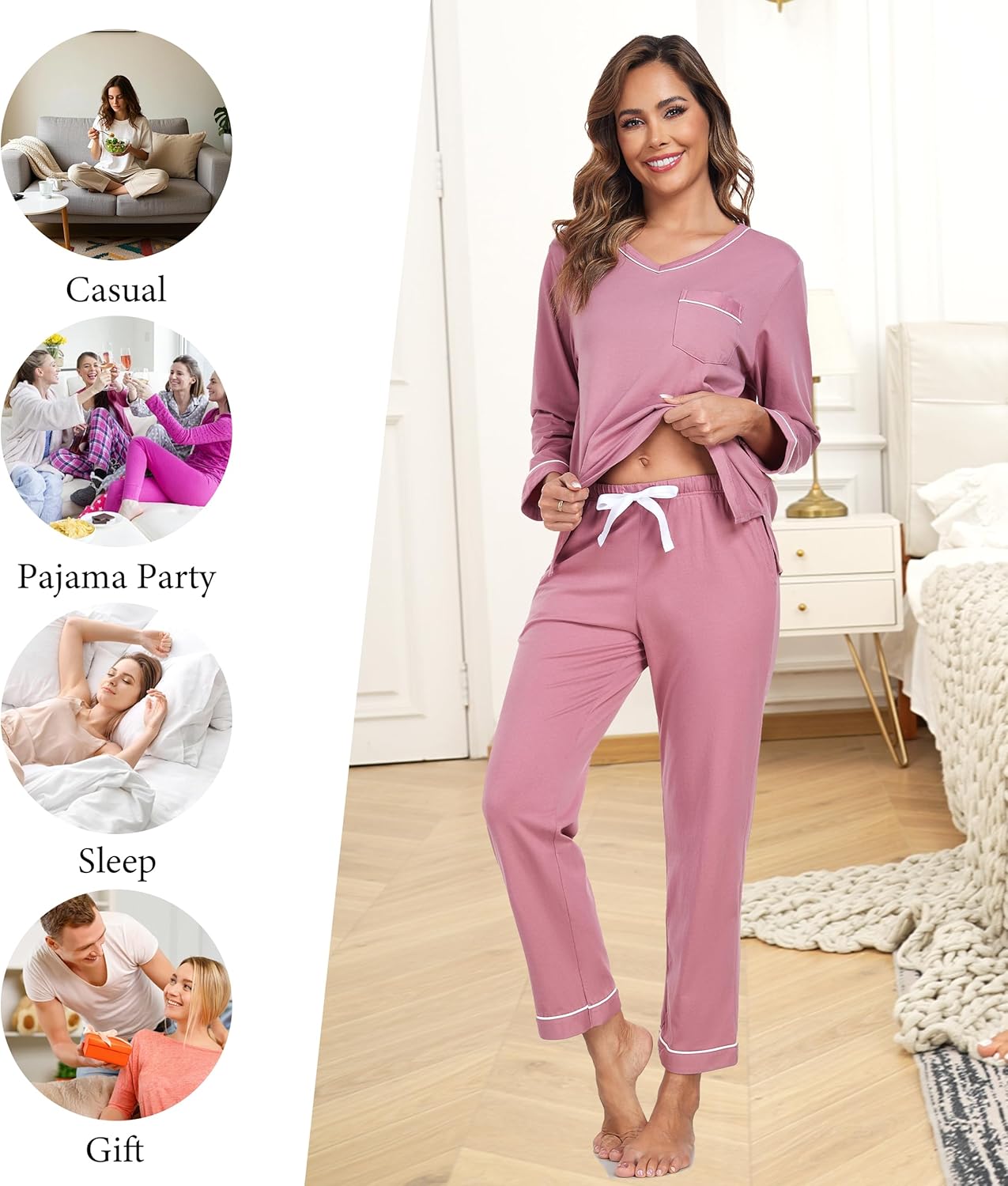 ANLIQI 100% Cotton Pajamas for Women Long Sleeve Fall Pajamas V Neck Top Sleepwear 2 Piece Pj Lounge Set with Pockets - Image 3