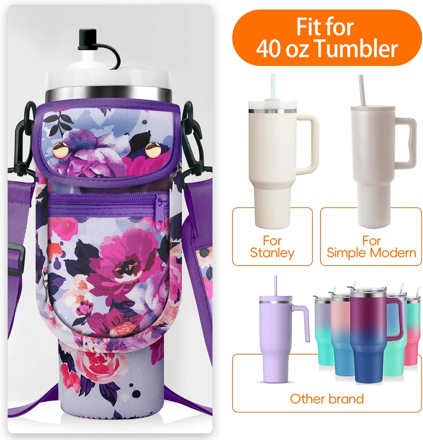 Water Bottle Carrier Bag with Phone Pocket for Stanley 40/30 oz Tumbler Neoprene Insulated Mug Sleeve Pouch with 2 Pockets & Adjustable Strap & Straw Cover for Stanley Cup Accessories - Image 3