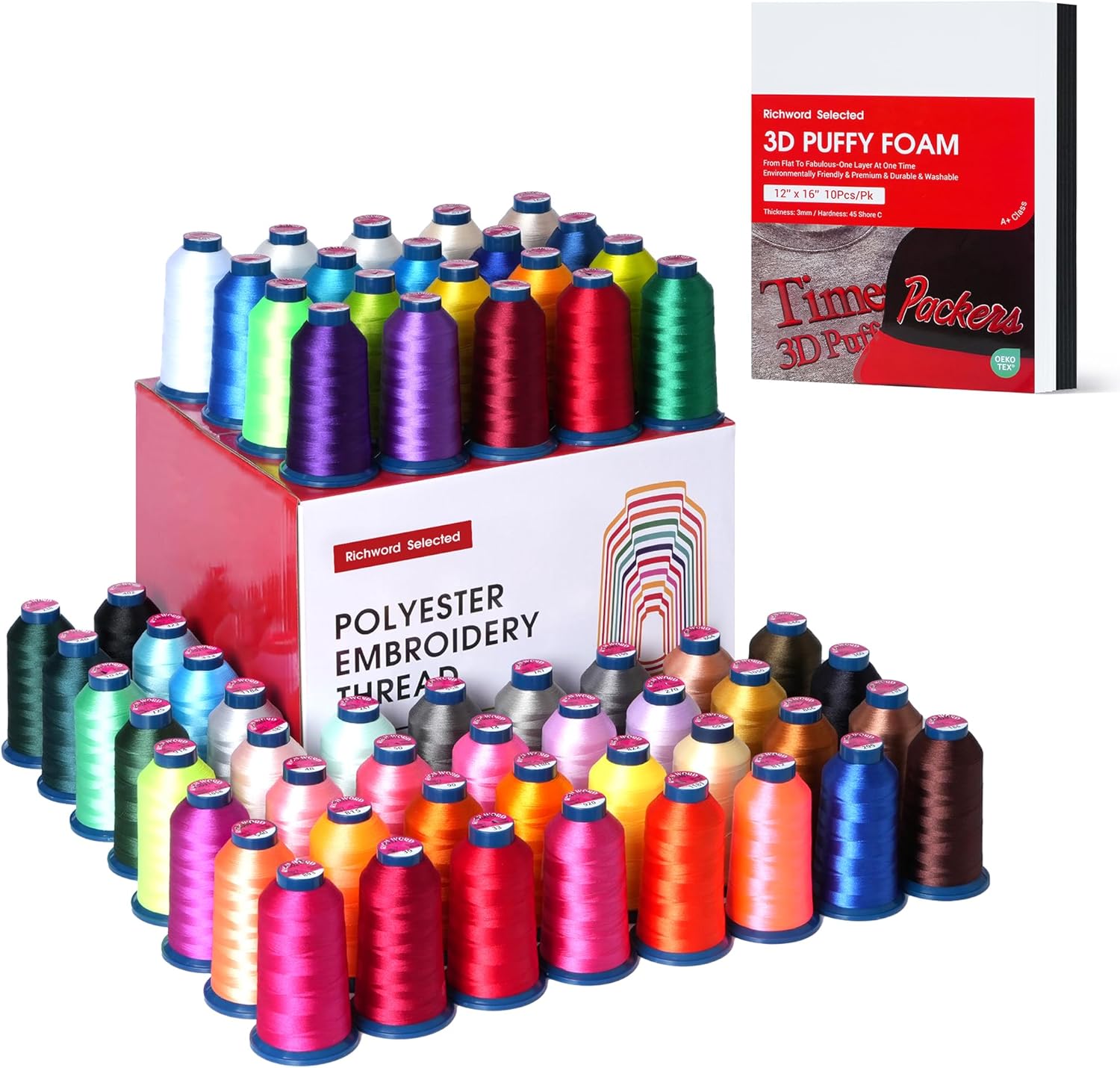 Embroidery Machine Thread 60 Colors 40WT (108D/2)+3D Embroidery Puffy Foam 12"x16" 3MM - 10PCS (5White+5Black)