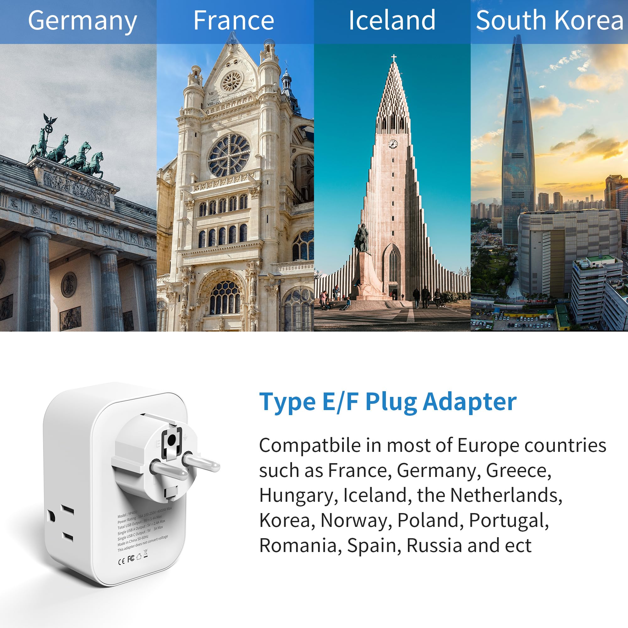 Mscien Adaptateur de voyage type E/F, Allemagne, France, adaptateur secteur, prise Schuko avec 3 prises CA, 3 USB (1 USB C), adaptateur prise US vers Europe, UE