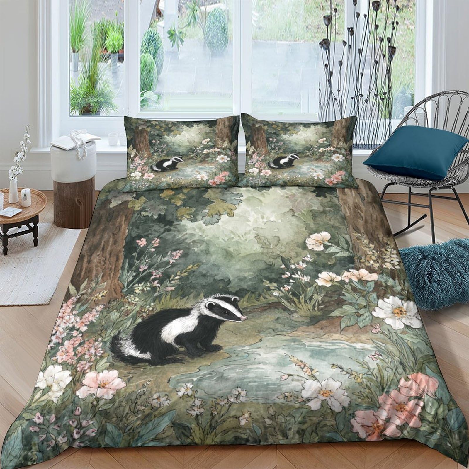 Ctjqhvkz Style-5 3D Printed Forest Animal Fitted Sheet Microfiber Soft Skunk Floral Bed Cover For Bedroom Guest Room Decor Single（135X200cm）