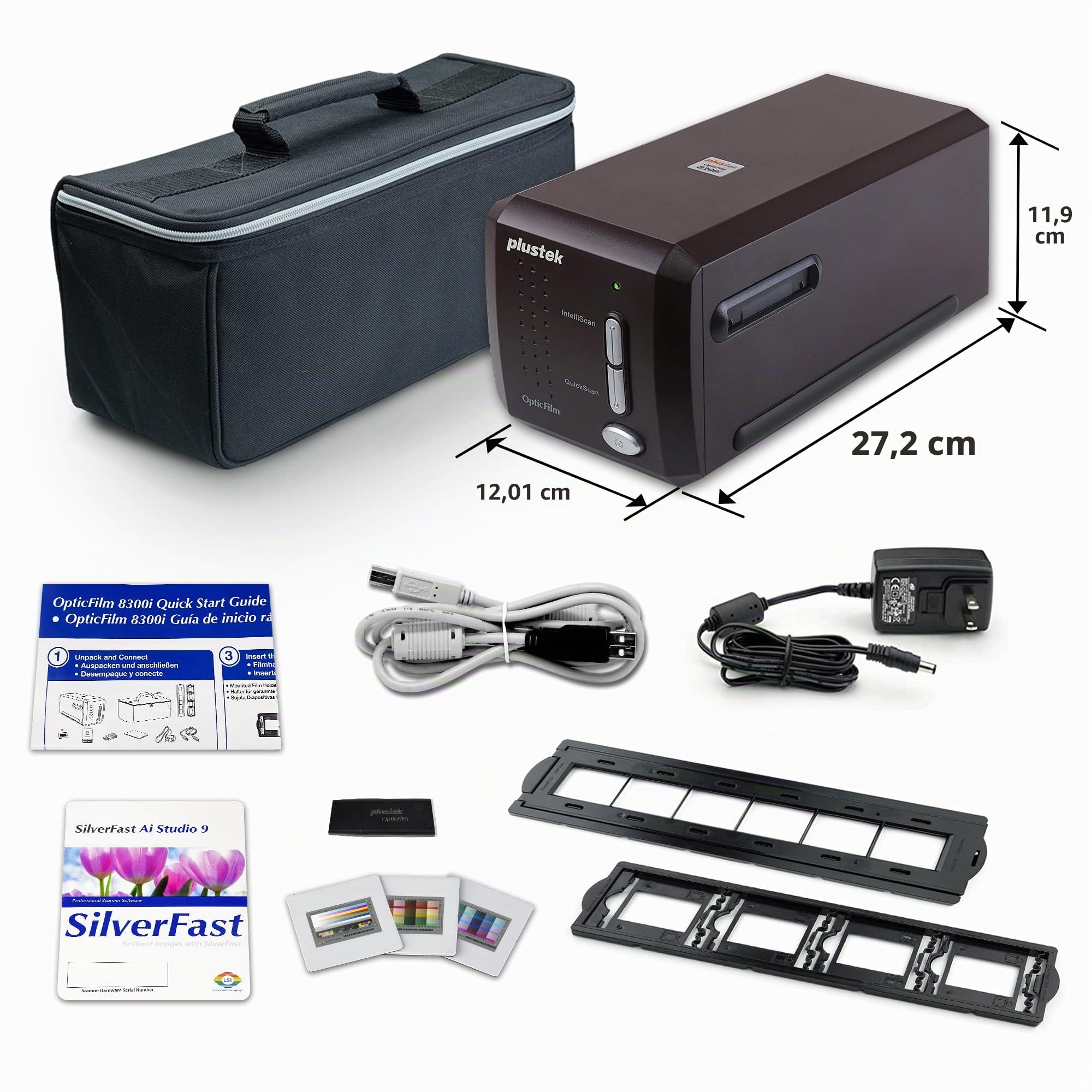 Plustek OpticFilm 8300i AI Scanner – Convertit 35 mm et diapositives en numérique, SilverFast Ai Studio 9 + QuickScan Plus, cible d'étalonnage IT8 (3')