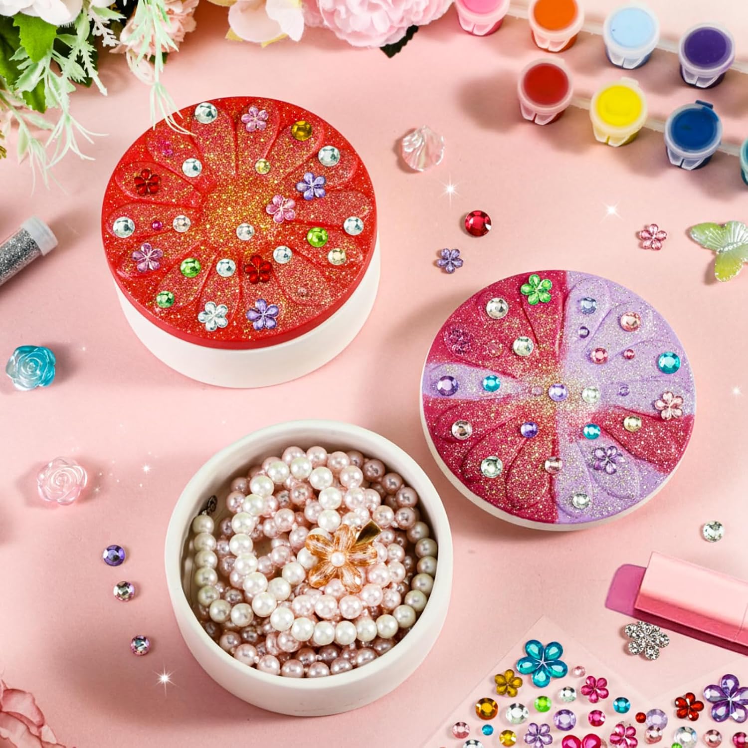 Teenyyou 14 Pcs Paint Your Own Ceramic Jewelry Boxes Craft Set Include 6 Unpainted Jewelry Storage Organizer 2 Strips of Paints with 2 Brushes 1 Palette 3 Diamond Stickers (Unfinished Dasiy)