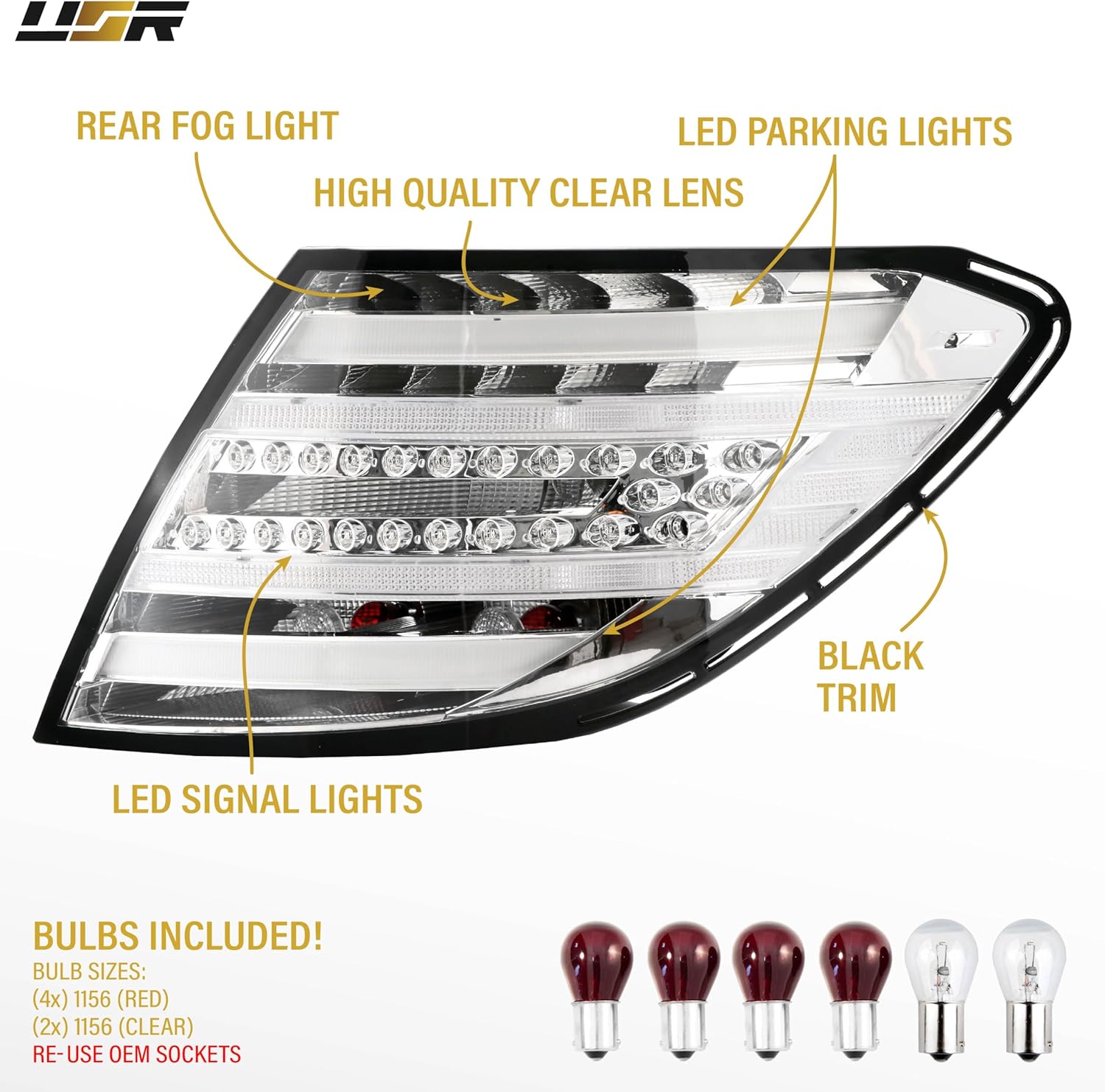 USR 12-14 W204 2D/4D Tail Light – Rear Tail Lamps 2pc Set (Left + Right) Compatible with 2012-2014 Mercedes Benz C-Class 4D Sedan and 2D Coupe All Models AMG (CLEAR LENS TAIL LIGHTS w/RED LED)