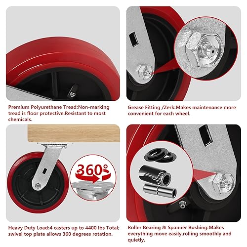 Miniatura 7 de Ruedas giratorias, 8 pulgadas, juego de 4 ruedas industriales resistentes, ruedas giratorias de poliolefinapoliuretano con capacidad de carga de