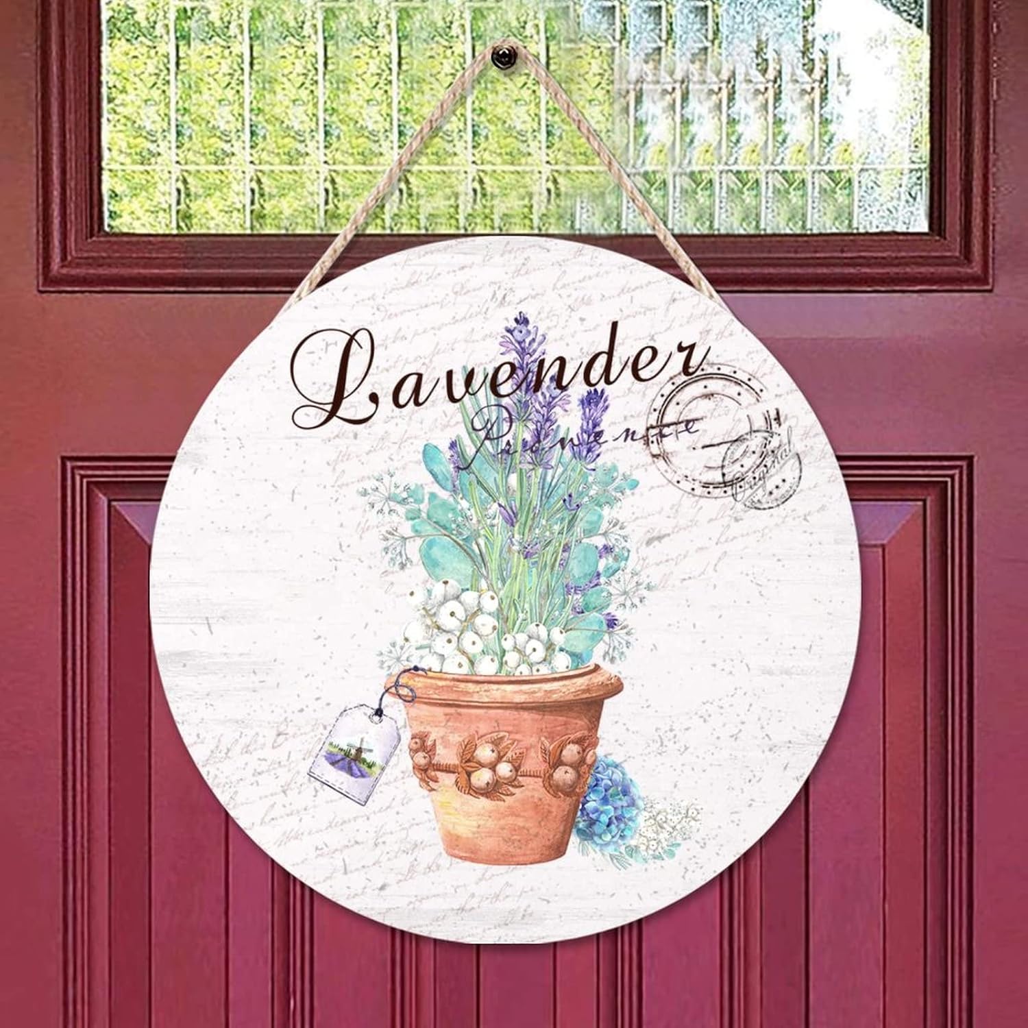 Lavender Front Door Sign, Custom Calligraphy Wood Door Sign, 16x16in Old Paper Textures Wall Door Hanging Sign Decor for Outdoor Front Porch Front Door Housewarming Gifts