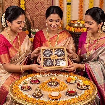 Kolam Trays Indian Return Gifts Ganesh Pooja Chowki, 8 Pcs, Brown