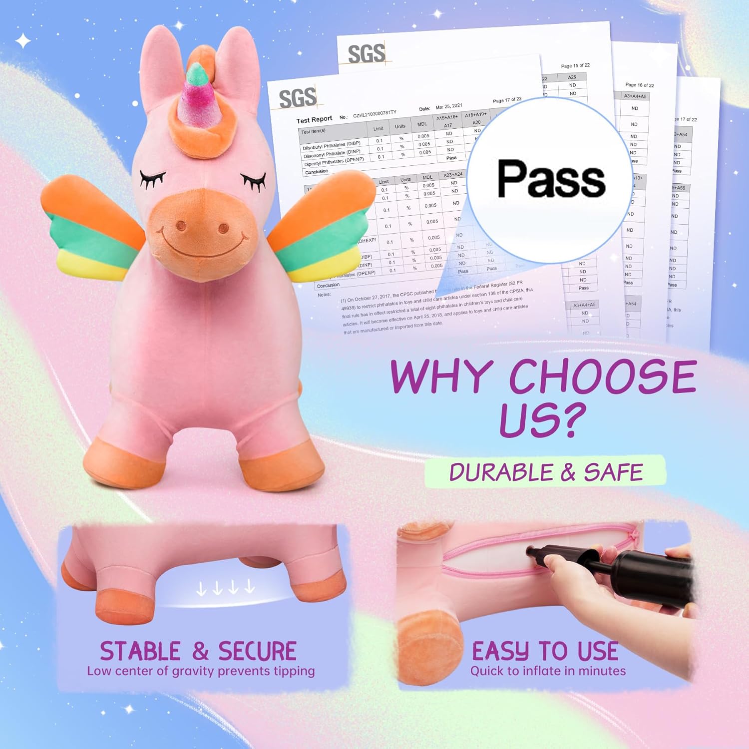EVERICH TOY Bouncy Horse Unicorn Toys, Inflatable Bouncing Animal Hopping Toys, Outdoor Indoor Ride on Bouncer, Boys Girls Birthday Gift for 18 Month 2 3 4 5 6 Year Old Kid- Plush Unicorn Toy