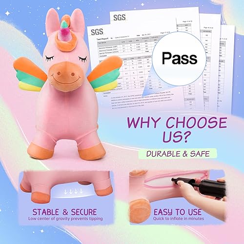 Vista 39 de EVERICH TOY Caballos hinchables de unicornio inflable de peluche para saltar animales de tolva rebotadora para niños pequeños, animales inflables