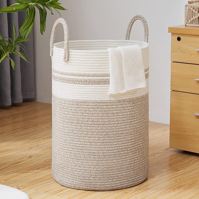 Woven Rope Laundry Basket by TECHMILLY, 58L Baby Nursery Hamper for Clothes Blanket Storage, Large Tall Laundry Hamper for College Dorm, Bedroom, Living Room, Brown & White