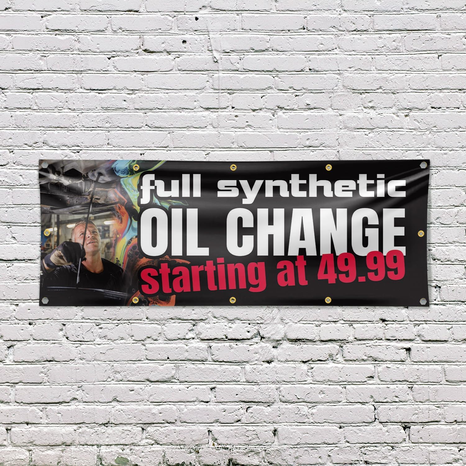 Full Synthetic Oil Change Banner Sign 48 Inch x 96 Inch | 13 oz Vinyl with Metal Grommets | Heavy-Duty Single-Sided Outdoor Durable Printed High-Quality Weatherproof | Made in the USA