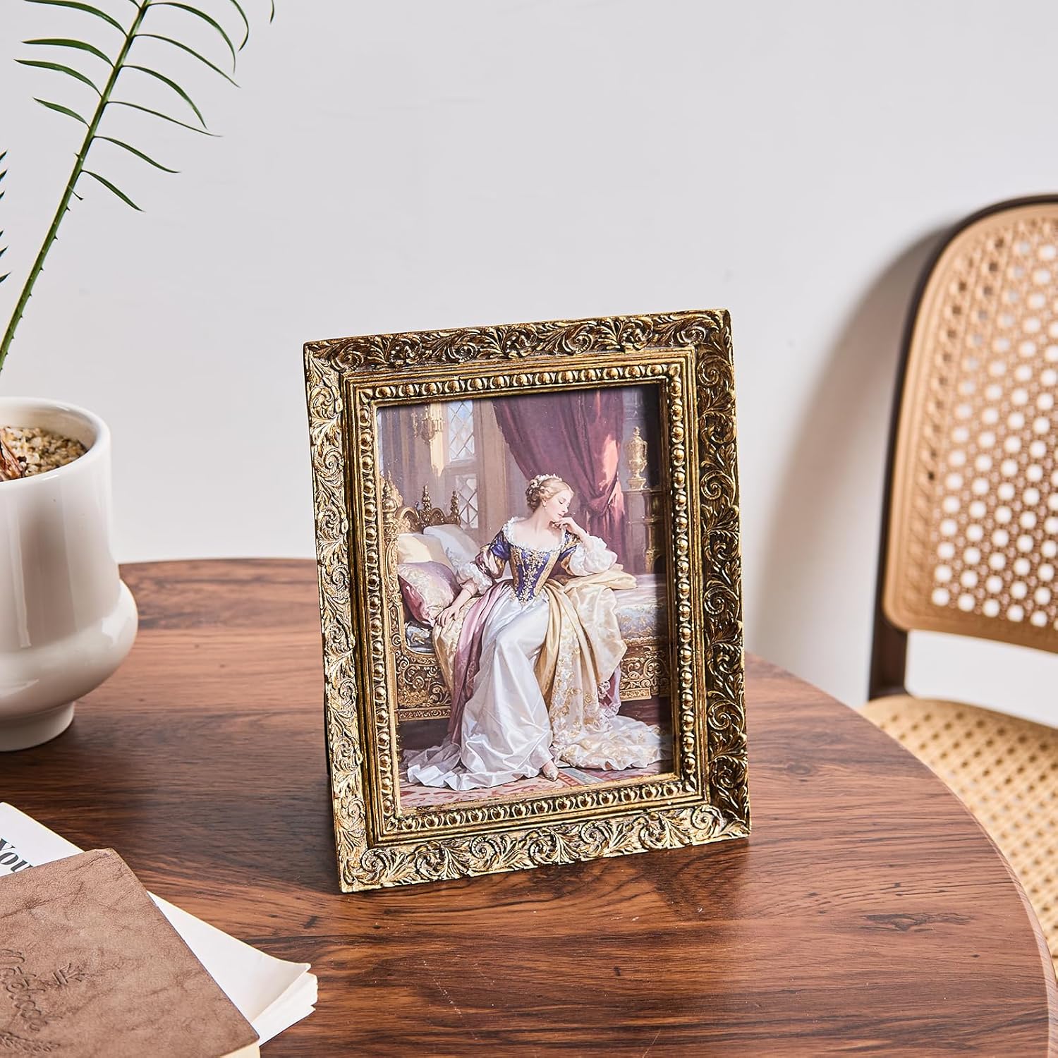 Ornate Gold 5x7 Picture Frame for Best Gift, Sculptured Design Vintage Resin Photo Frame, Retro Hand-Crafted Hanging Frames with Easel, Hook & Mat for Table Top & Wall Gallery