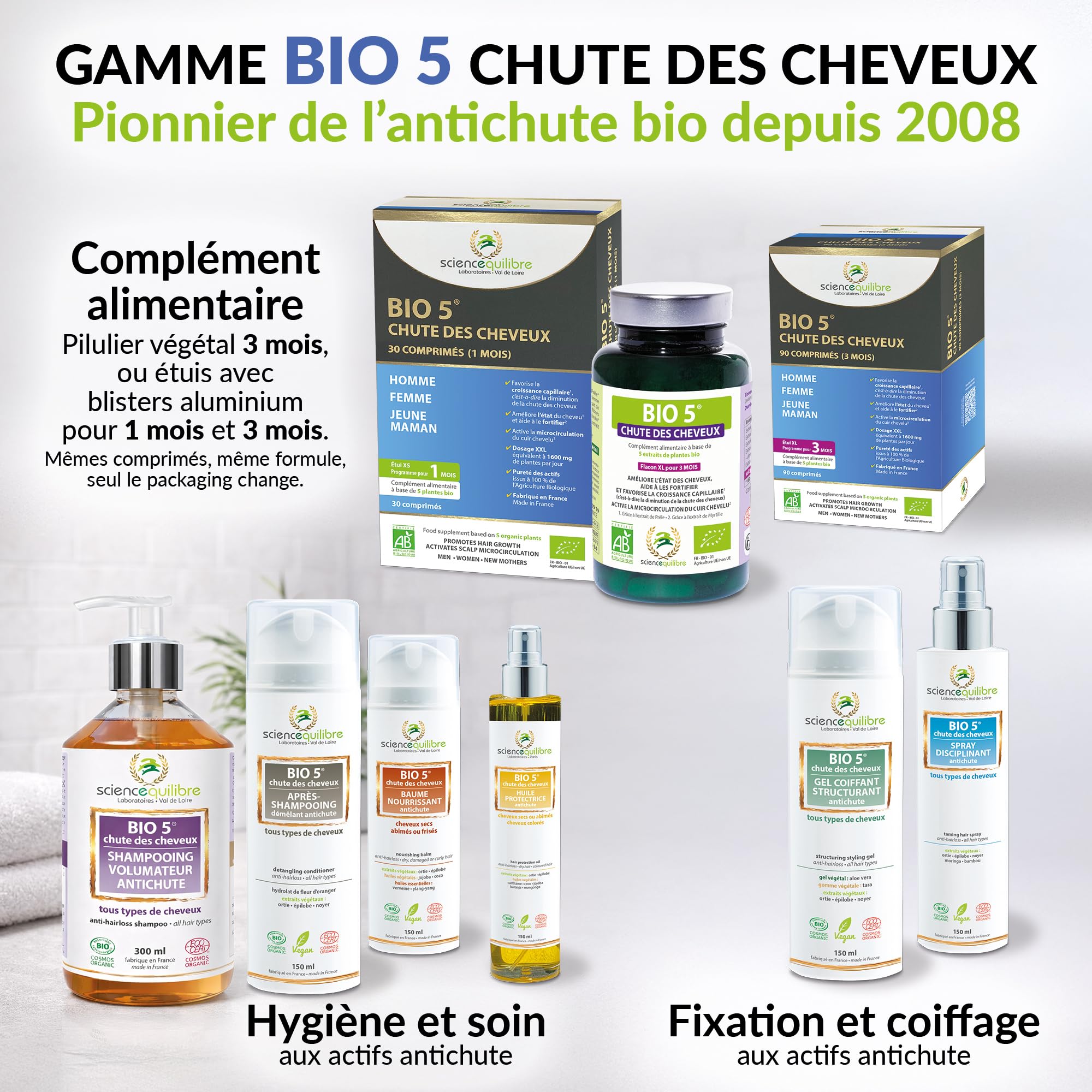 BIO 5 Chute des Cheveux – Anti-Chute Bio – 90 Comprimés (3 Mois) – Cheveux Fins & Clairsemés – Complément Alimentaire – Homme & Femme – Fabriqué en France